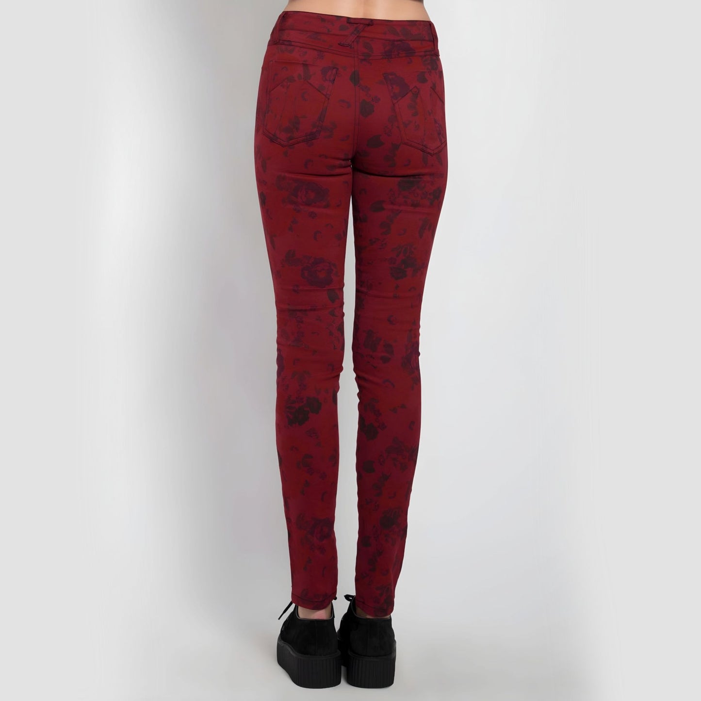Wine Red High Waisted Skinny Jeans With Floral Print -  - Jeans