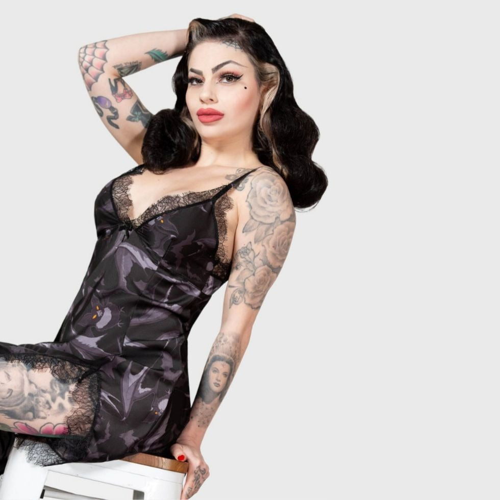 Midnight Ire Lounge Dress Lace Trim & Bat Print Gothic Nightwear -  - Pajamas