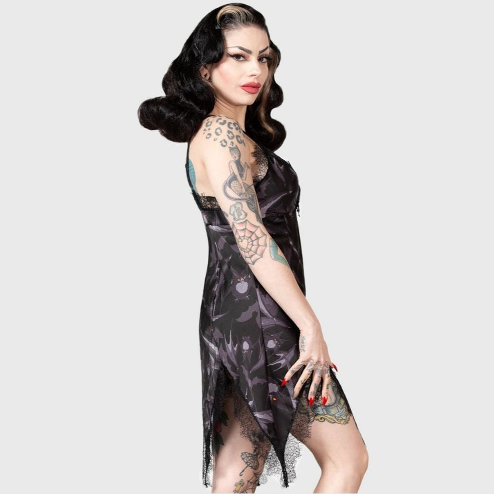 Midnight Ire Lounge Dress Lace Trim & Bat Print Gothic Nightwear -  - Pajamas