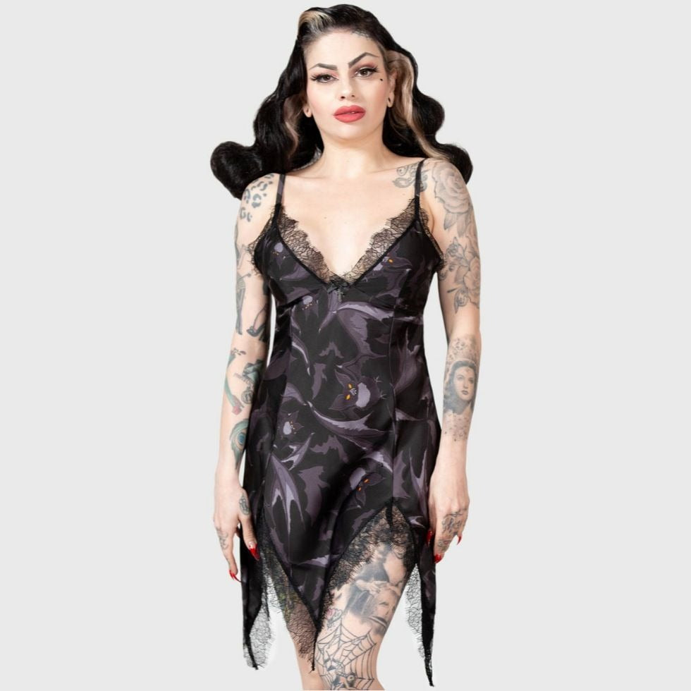 Midnight Ire Lounge Dress Lace Trim & Bat Print Gothic Nightwear -  - Pajamas