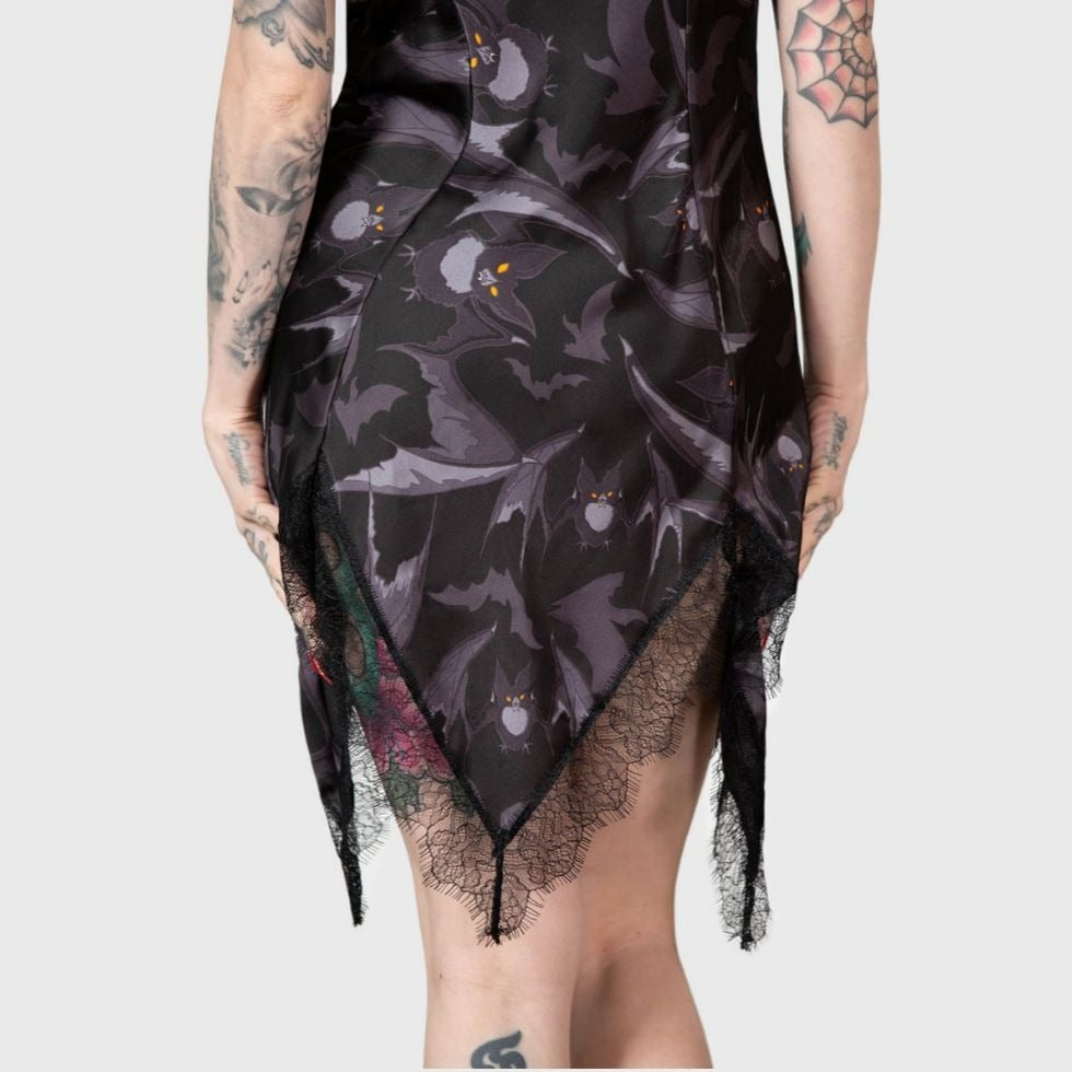 Midnight Ire Lounge Dress Lace Trim & Bat Print Gothic Nightwear -  - Pajamas