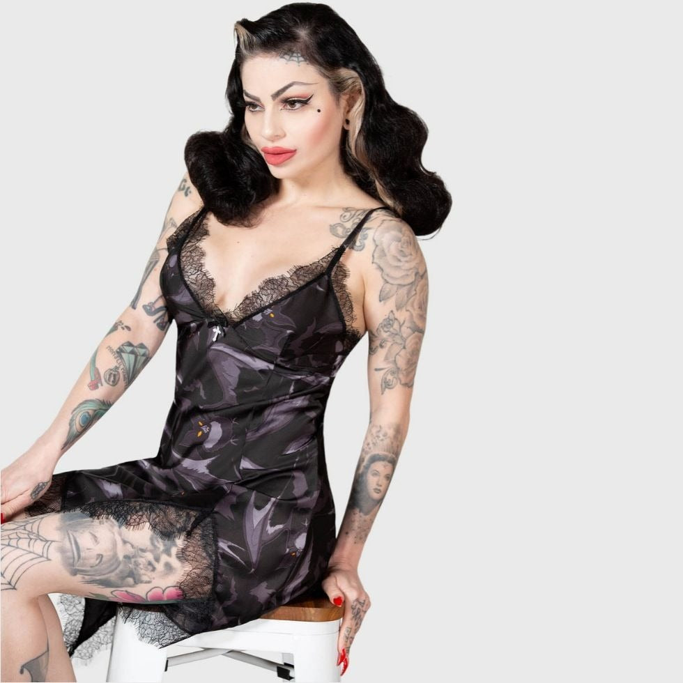 Midnight Ire Lounge Dress Lace Trim & Bat Print Gothic Nightwear -  - Pajamas