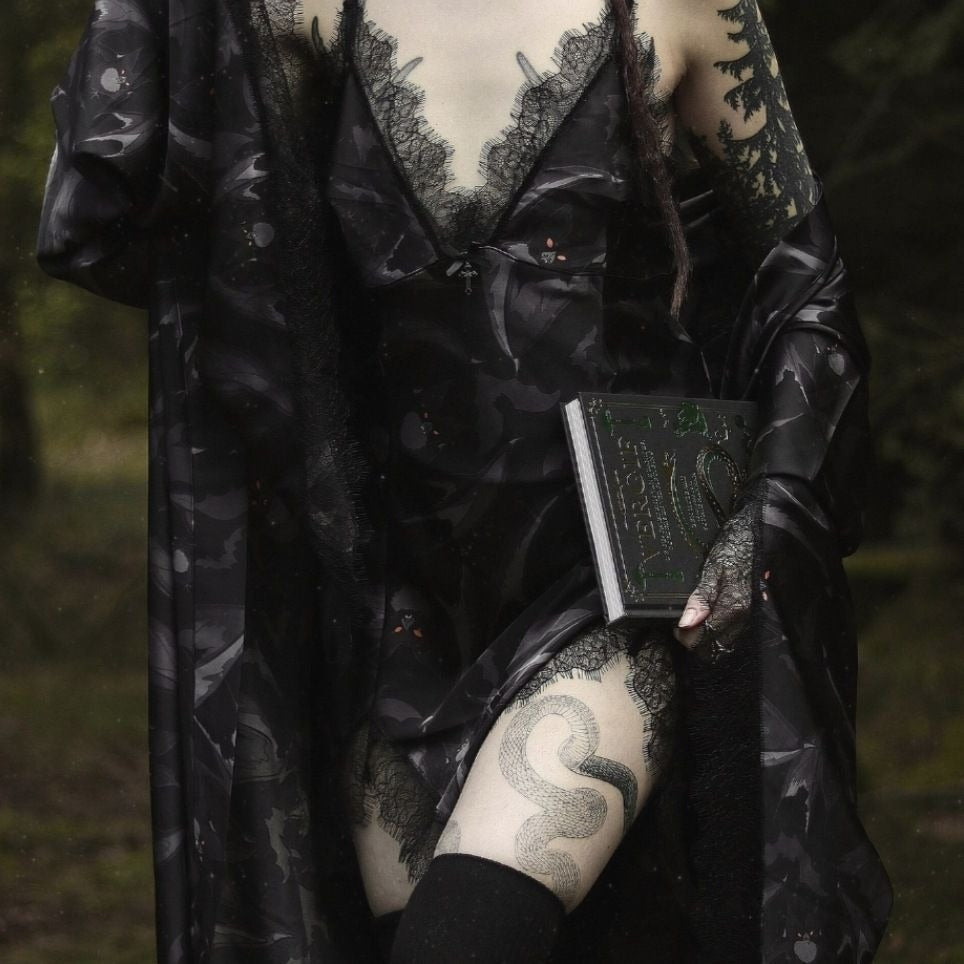 Midnight Ire Lounge Dress Lace Trim & Bat Print Gothic Nightwear -  - Pajamas