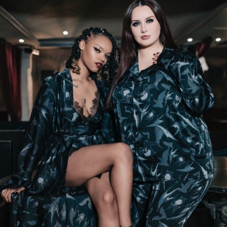 Midnight Ire Lounge Dress Lace Trim & Bat Print Gothic Nightwear -  - Pajamas