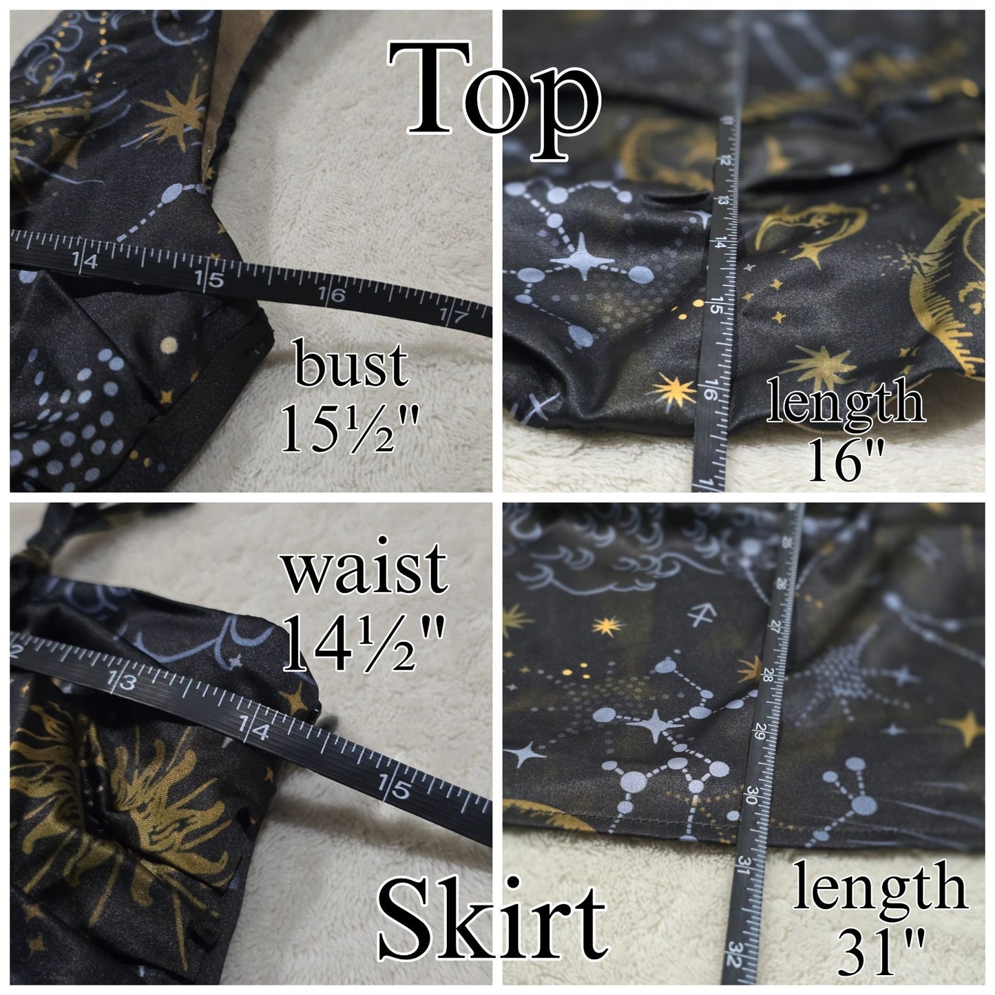 Starry Night Midi Skirt Set One Shoulder Bustier Cinching Side Zips - - Skirt Set