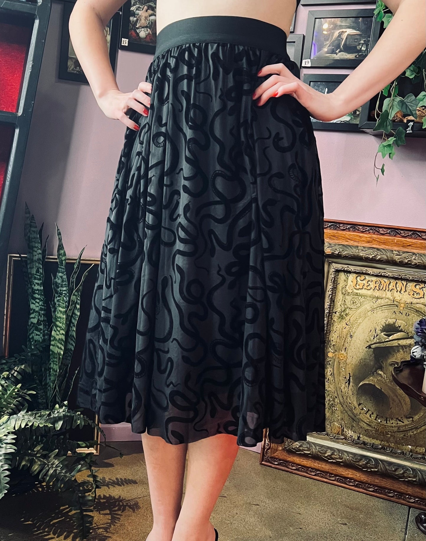 The Serpentine Skirt - Velvet Snake Flocked Full SKIRT - READY TO SHIP - -