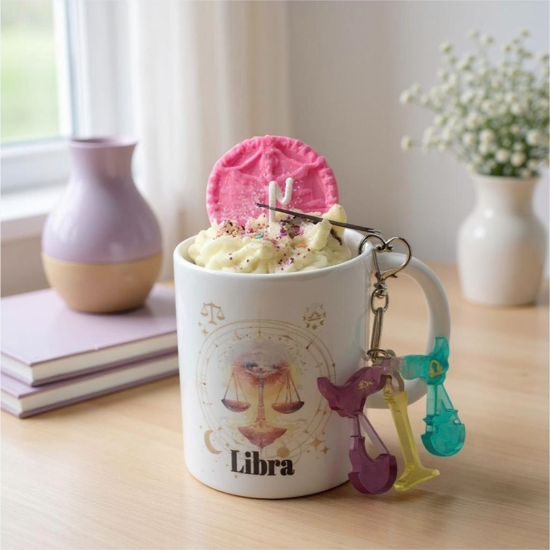 Libra Zodiac Candle Gift Set – 11oz Layered Mug Candle + Resin Keychain