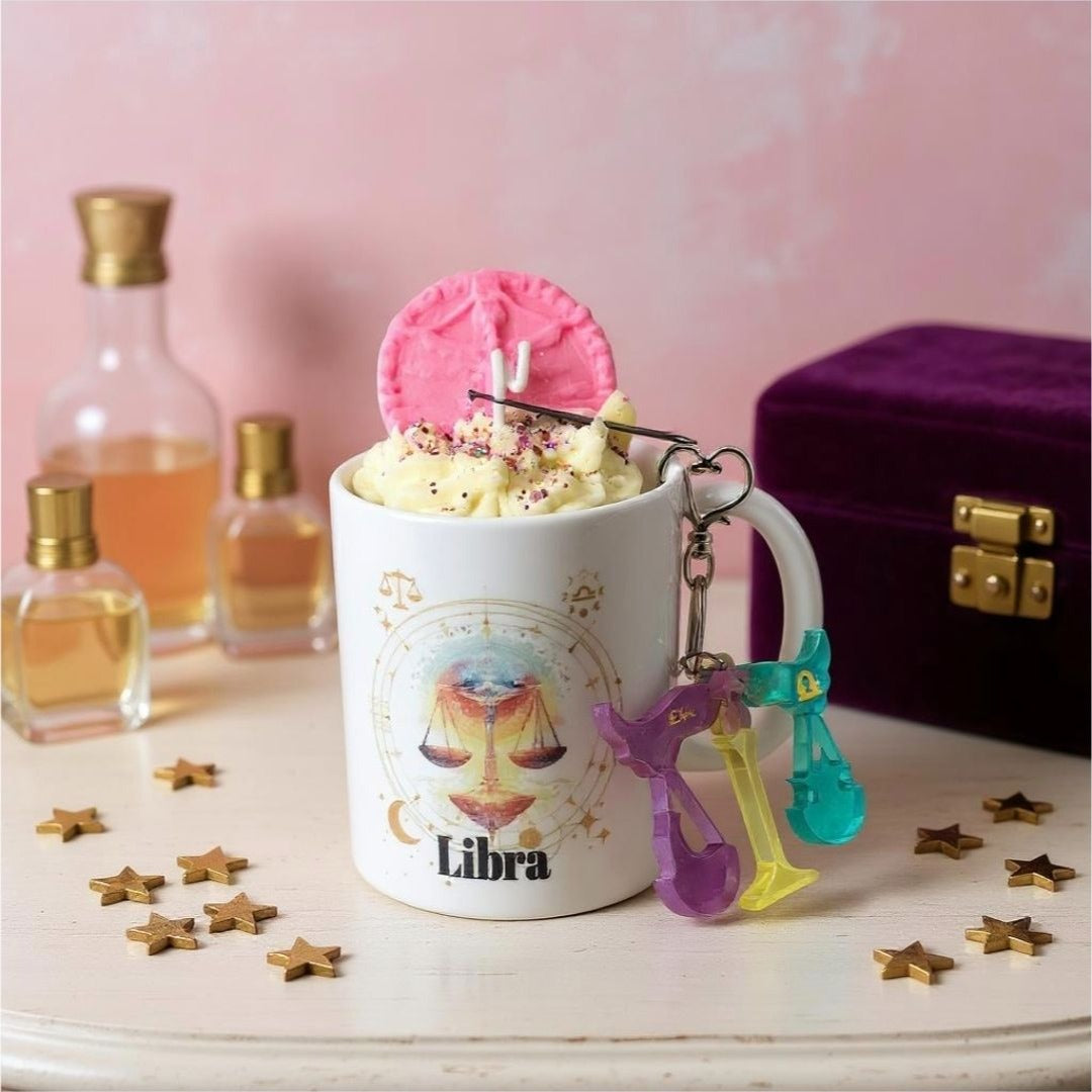 Libra Zodiac Candle Gift Set – 11oz Layered Mug Candle + Resin Keychain