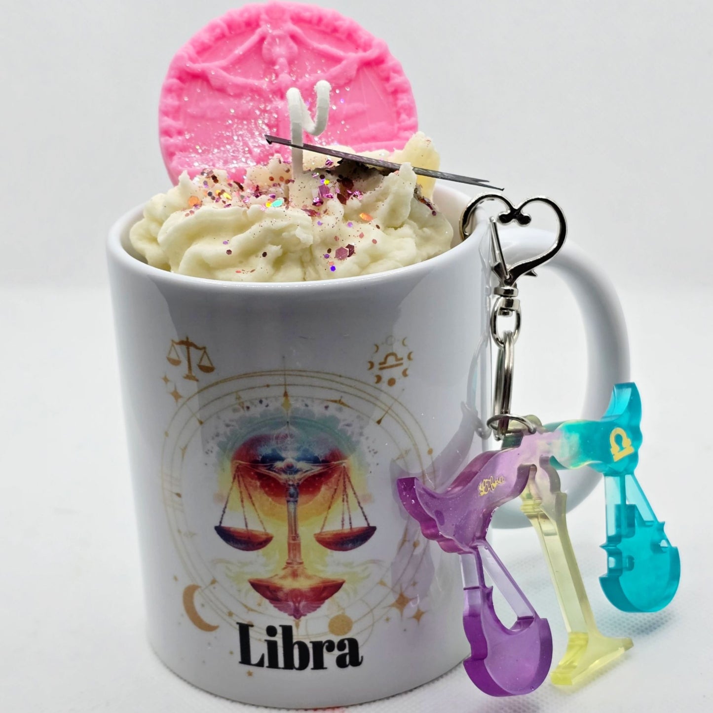 Libra Zodiac Candle Gift Set – 11oz Layered Mug Candle + Resin Keychain