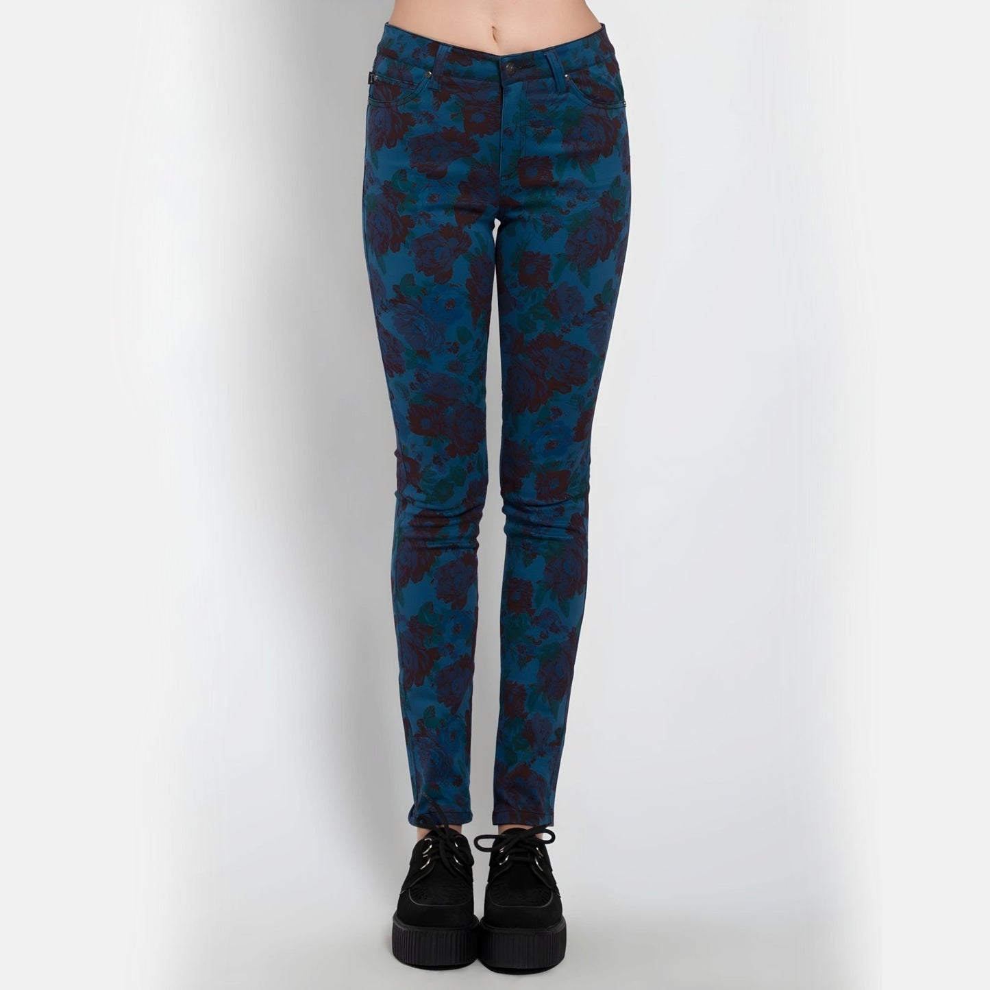 High Waisted Skinny Jeans Stretch Twill Teal Floral Print - Tripp NYC - Jeans