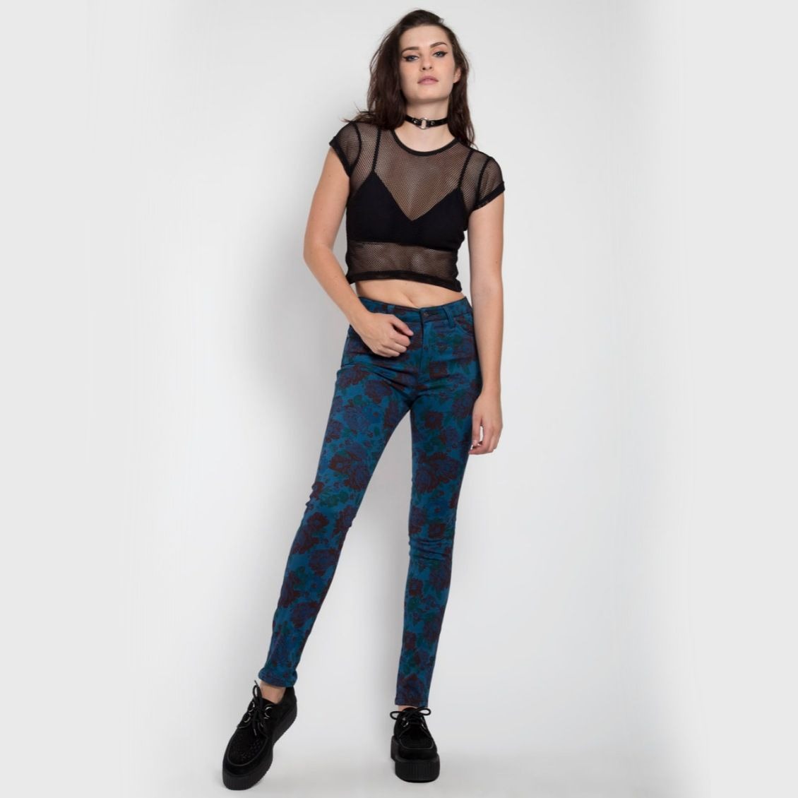 High Waisted Skinny Jeans Stretch Twill Teal Floral Print -  - Jeans