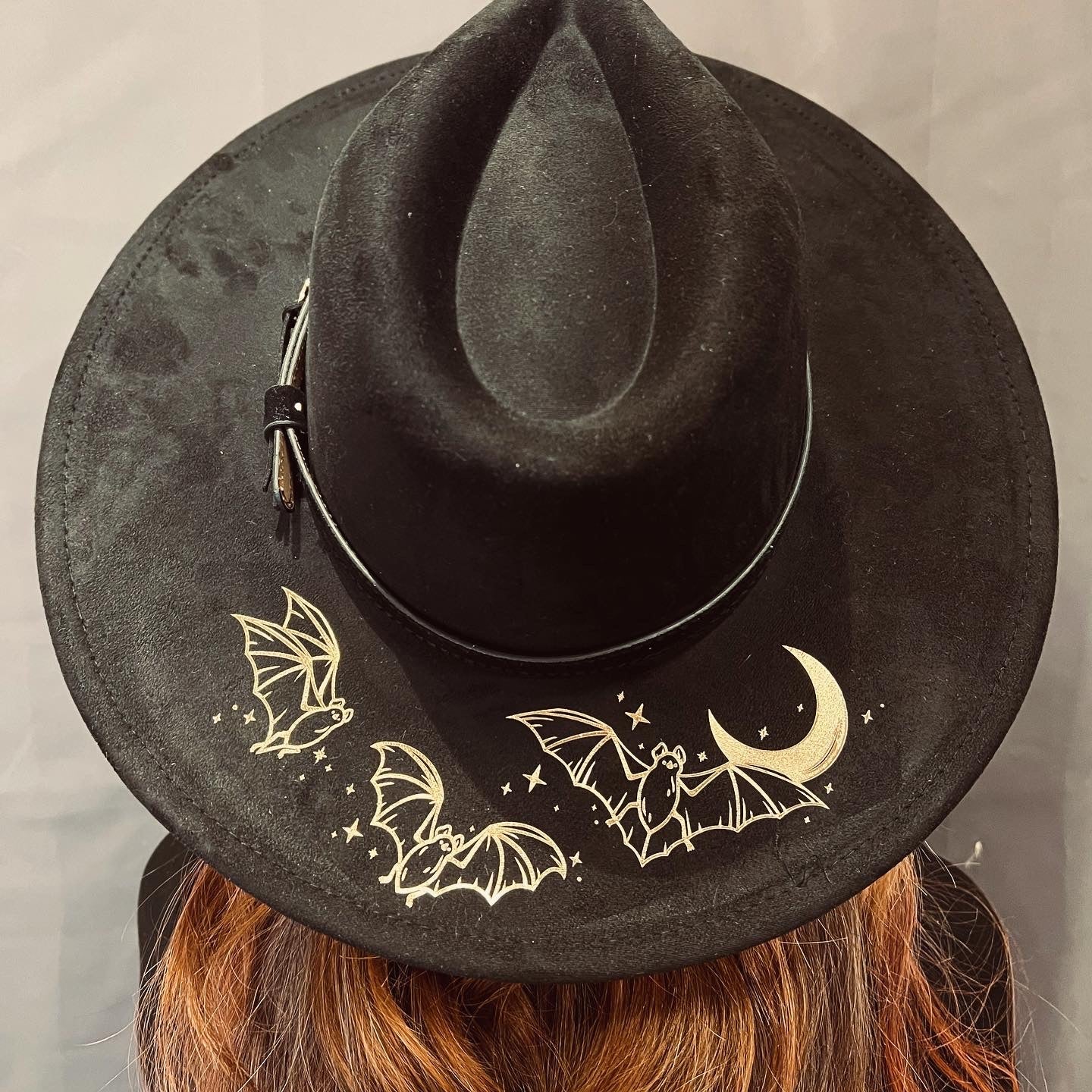Vegan SUEDE Wide Brim Hat - XL Brim - Foiled Batty Moon - -