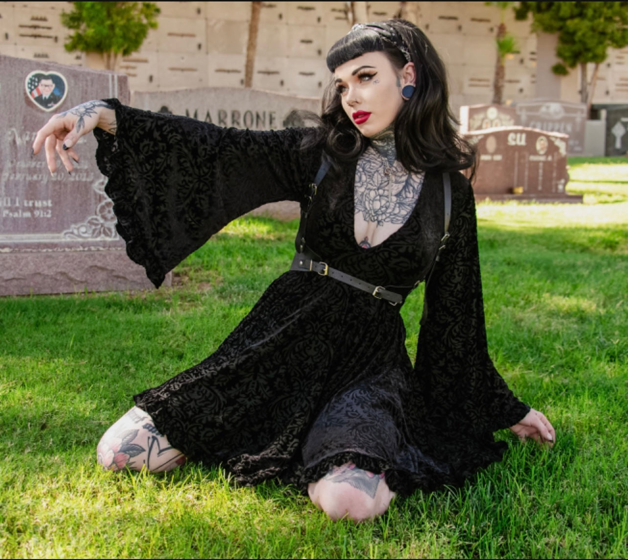 Nyx - Bell Sleeved Velvet Damask Dress with Harness - READY TO SHIP! - -