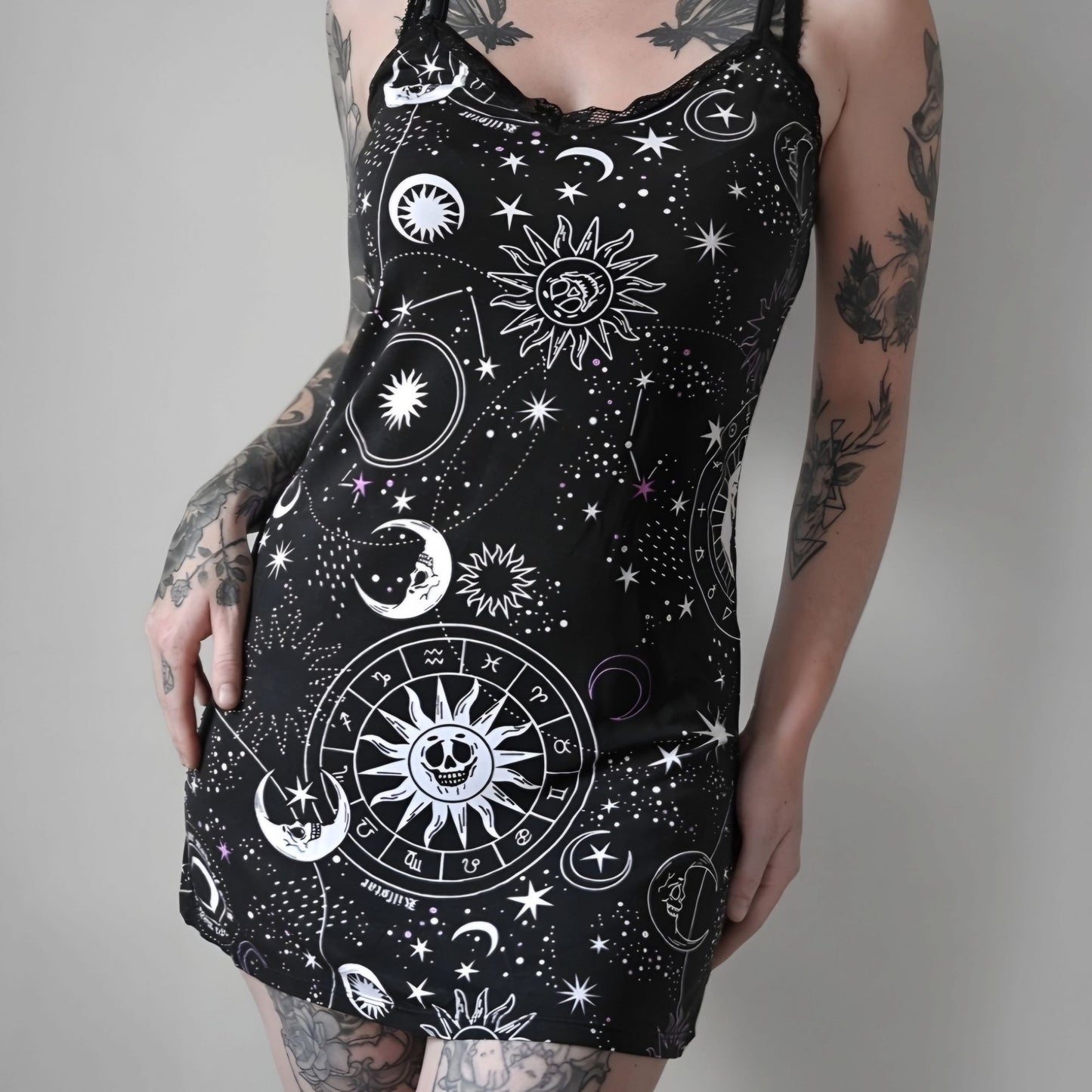 Astral Lace Cami Night Dress Black Celestial Print M -  - Dresses