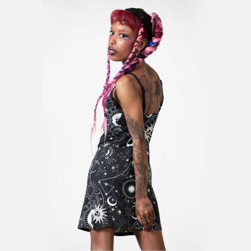 Astral Lace Cami Night Dress Black Celestial Print M -  - Dresses