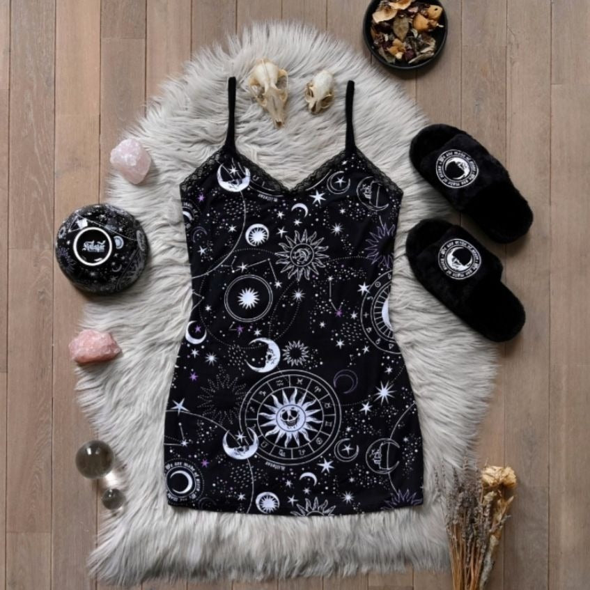Astral Lace Cami Night Dress Black Celestial Print M -  - Dresses