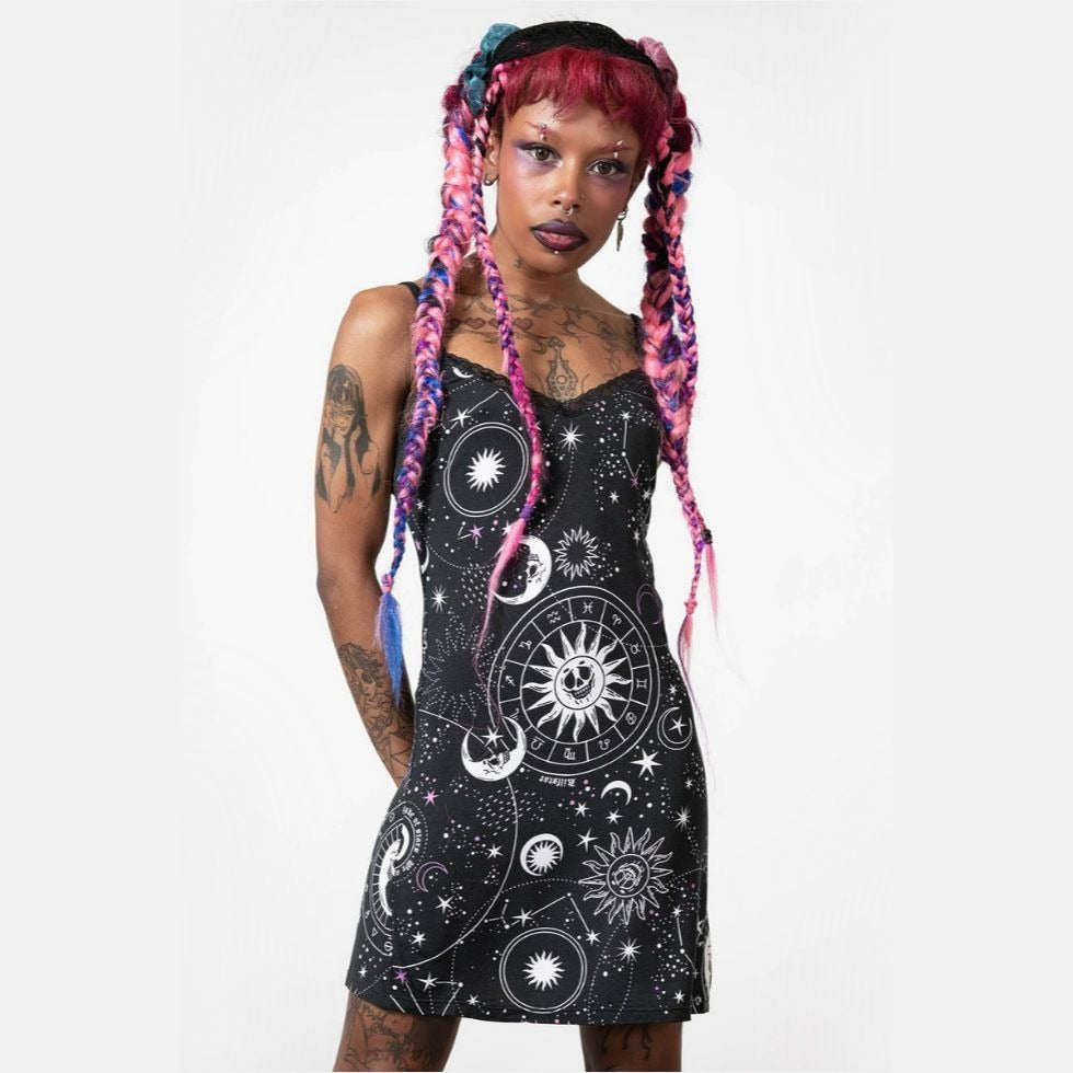 Astral Lace Cami Night Dress Black Celestial Print M -  - Dresses