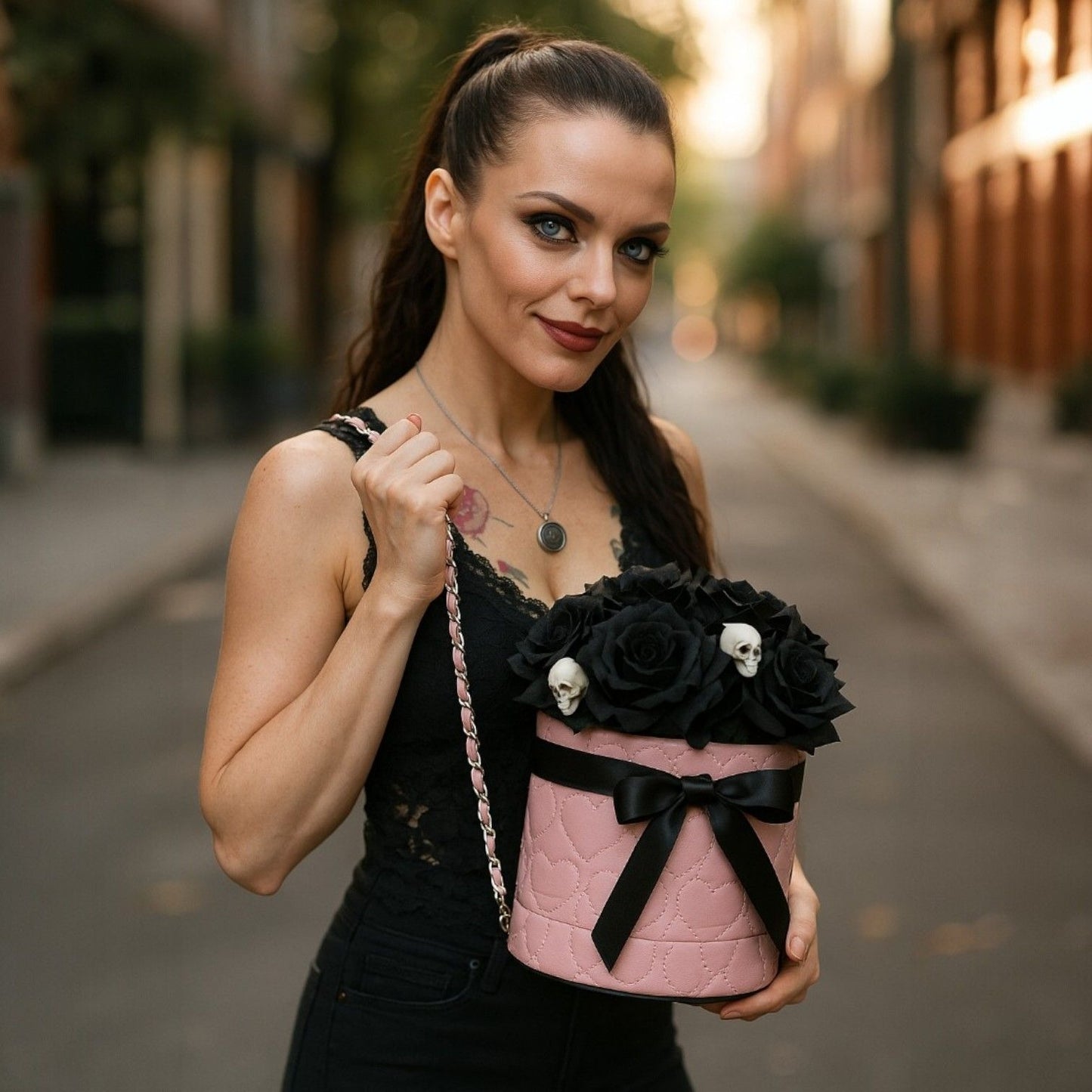 Cylindrical Skull Bouquet Bag – Pink Black Vinyl w/ Roses