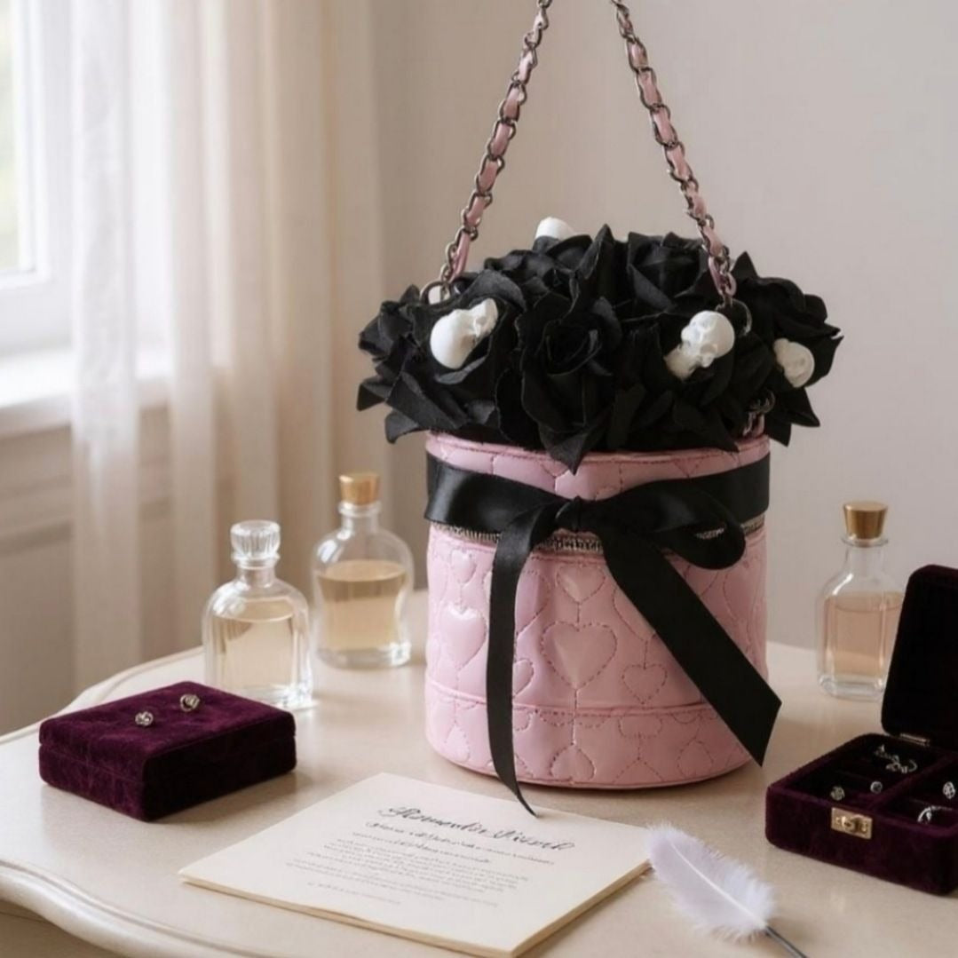 Cylindrical Skull Bouquet Bag – Pink Black Vinyl w/ Roses