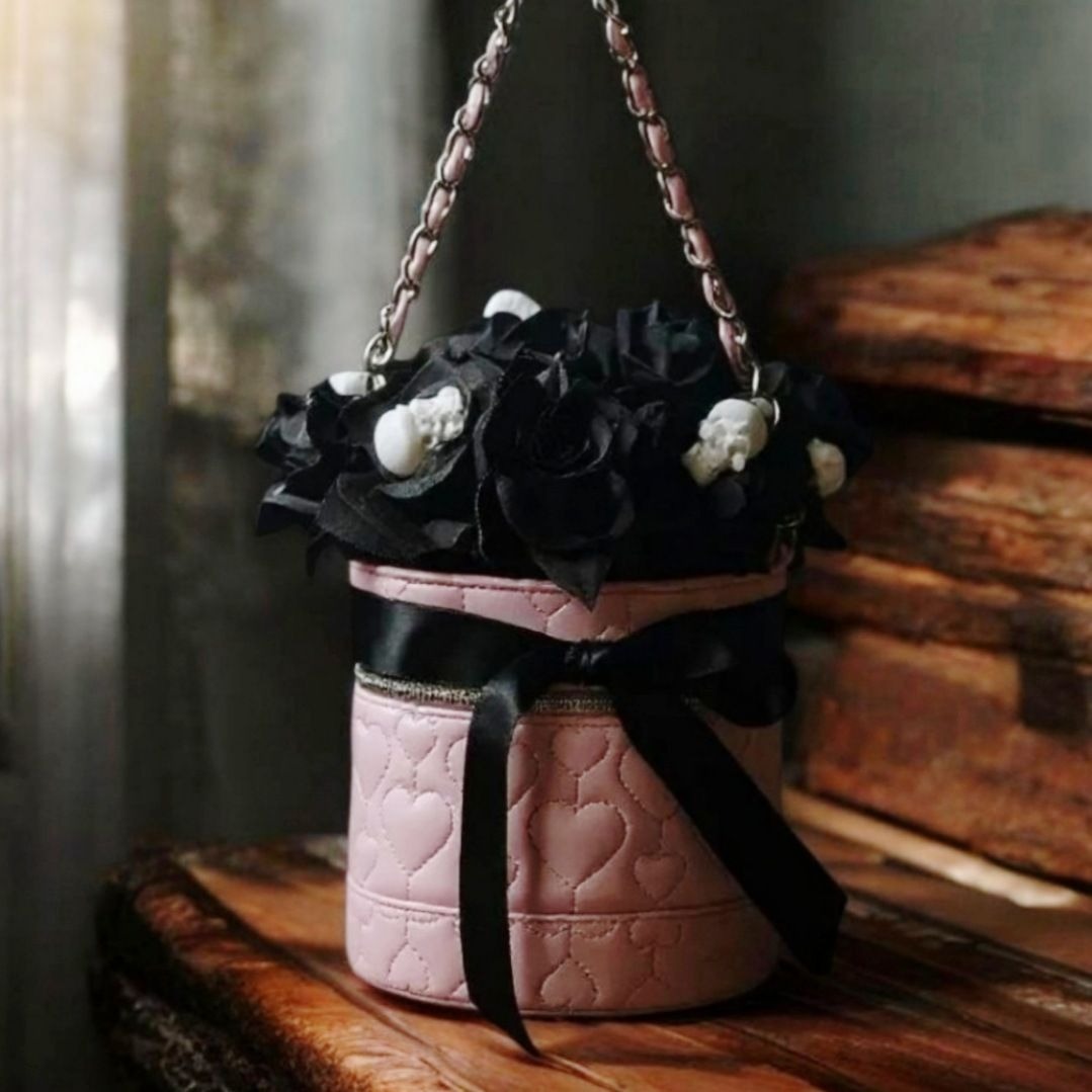 Cylindrical Skull Bouquet Bag – Pink Black Vinyl w/ Roses