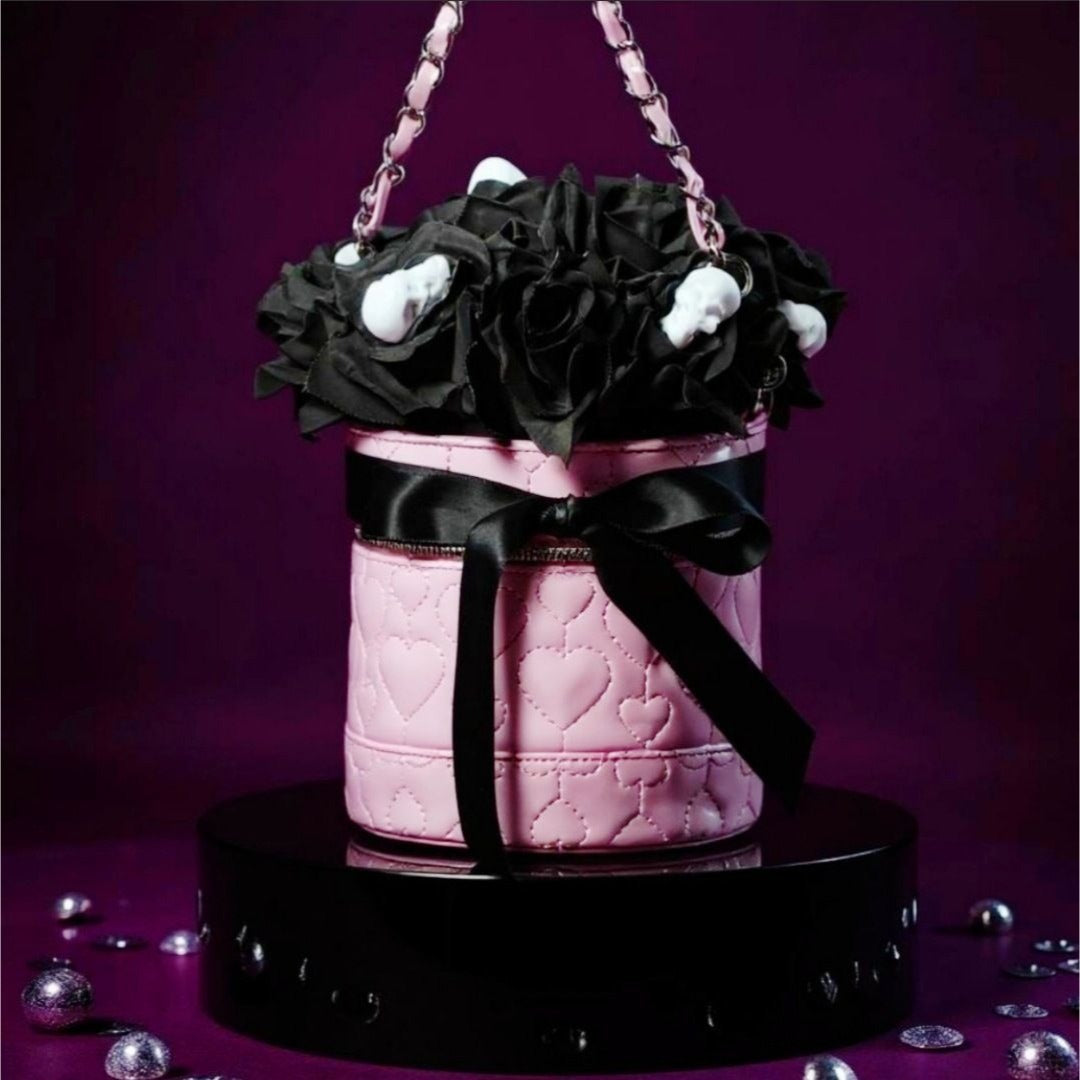 Cylindrical Skull Bouquet Bag – Pink Black Vinyl w/ Roses