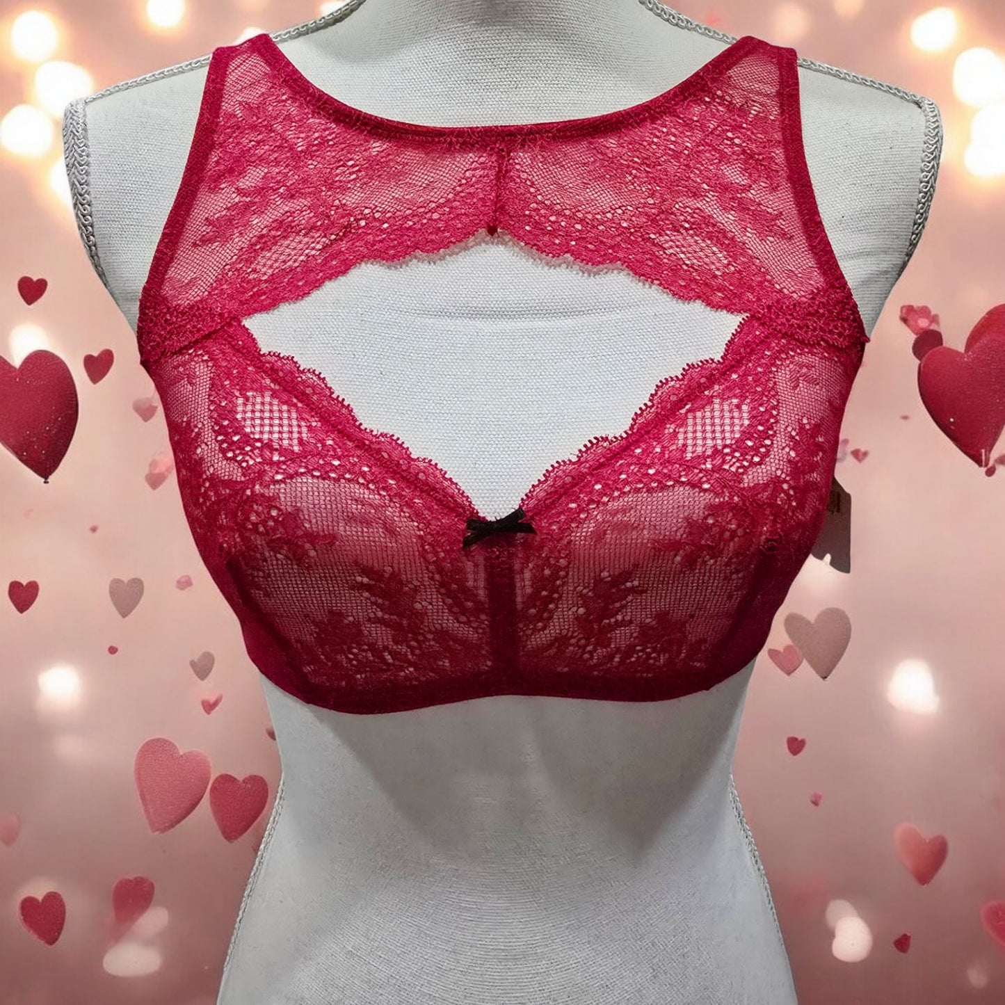 Red Lace Bralette Cut-out Front Floral Pattern Black Center Bow -  - Bras