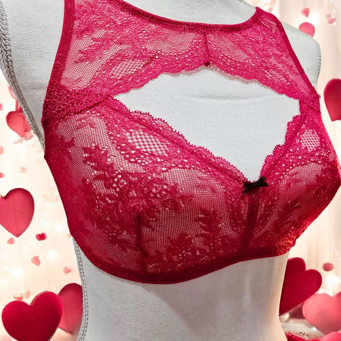 Red Lace Bralette Cut-out Front Floral Pattern Black Center Bow -  - Bras