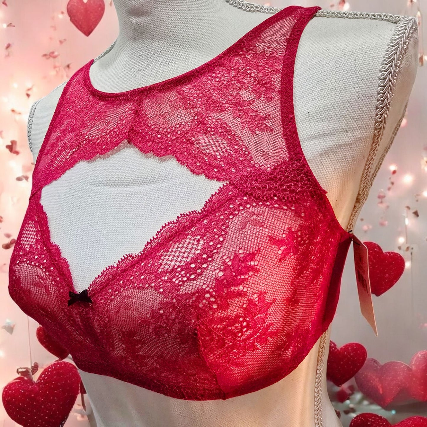 Red Lace Bralette Cut-out Front Floral Pattern Black Center Bow -  - Bras