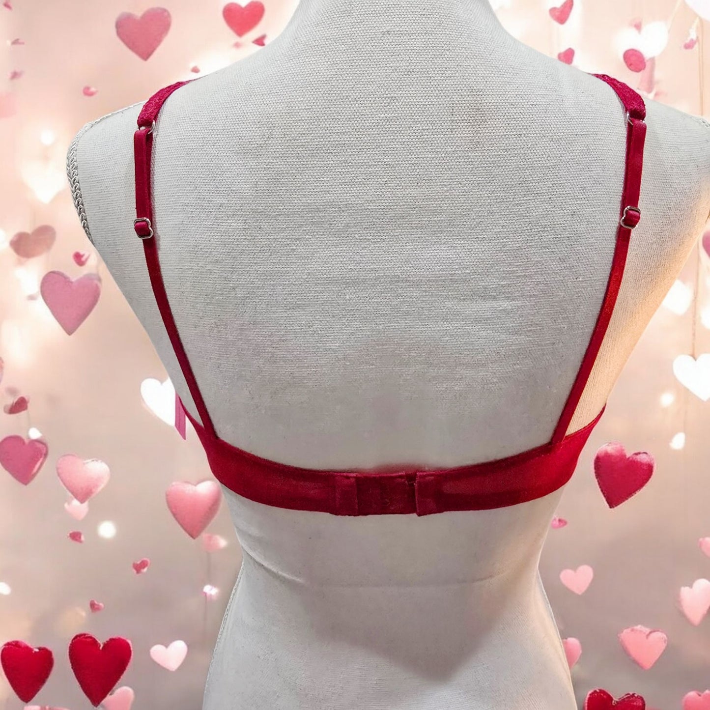 Red Lace Bralette Cut-out Front Floral Pattern Black Center Bow -  - Bras