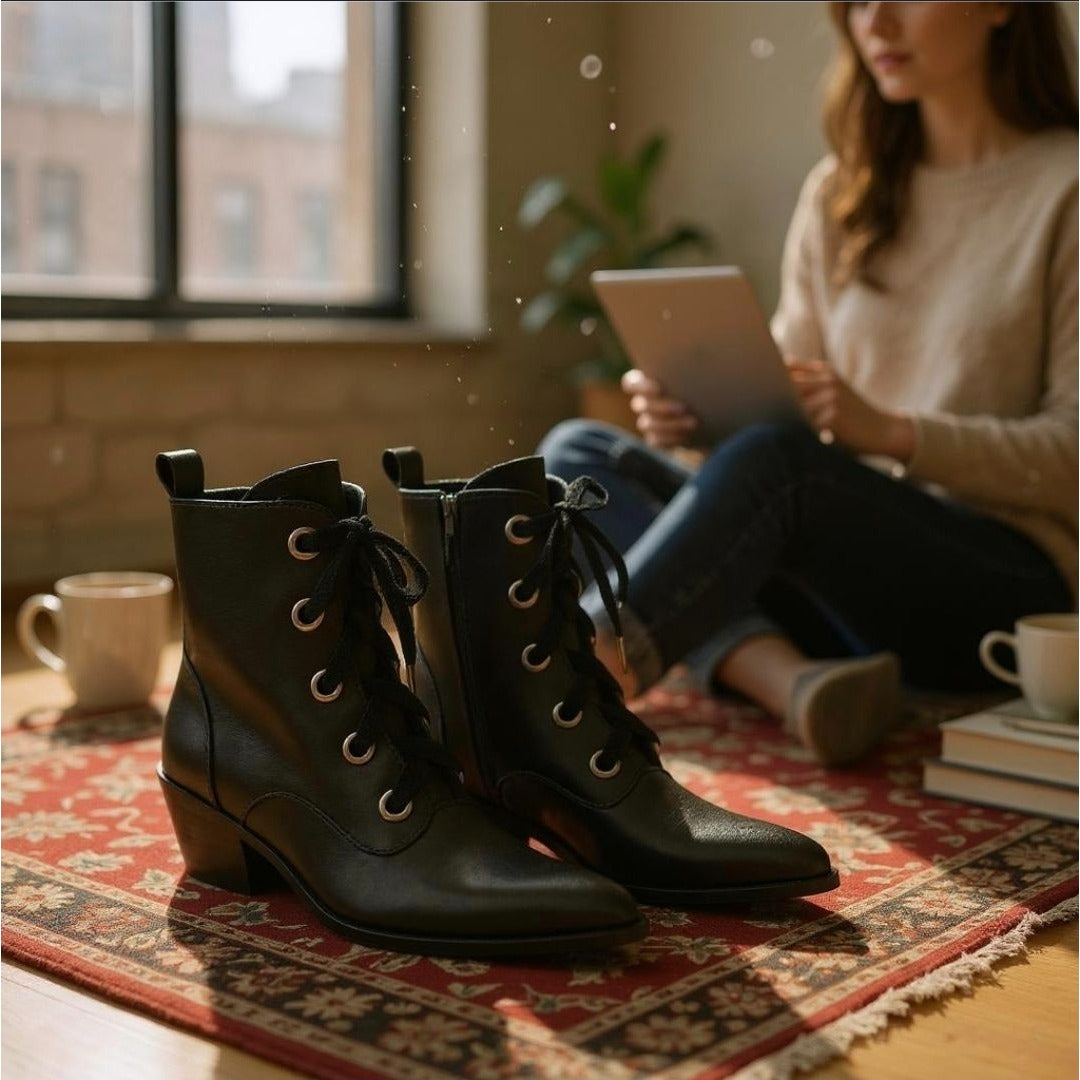 Witchy Ways Ankle Boots – Vegan Leather Lace-Up Pointed Toe Heels 7