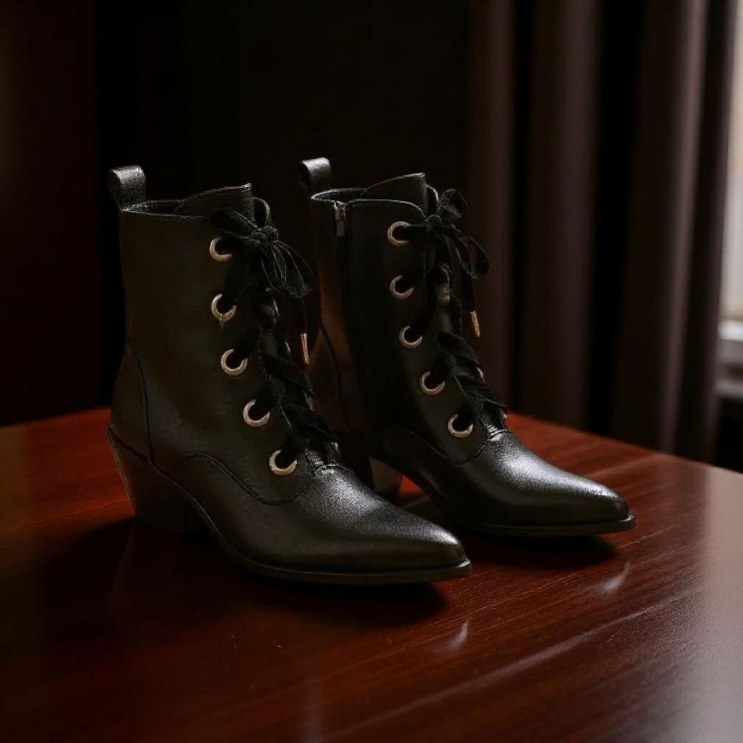 Witchy Ways Ankle Boots – Vegan Leather Lace-Up Pointed Toe Heels 7