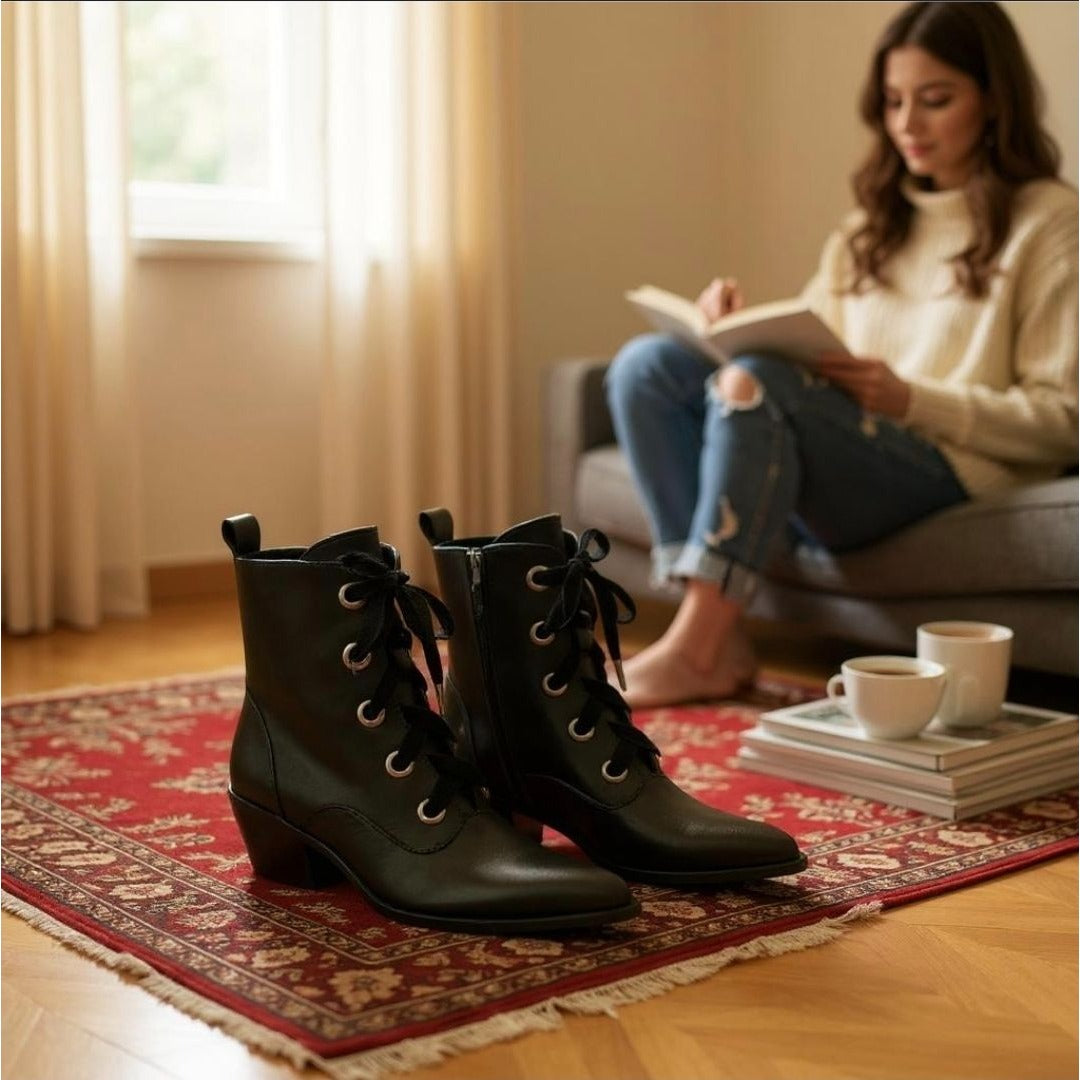 Witchy Ways Ankle Boots – Vegan Leather Lace-Up Pointed Toe Heels 7