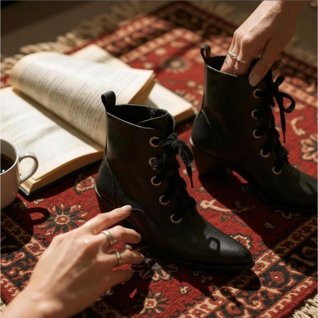 Witchy Ways Ankle Boots – Vegan Leather Lace-Up Pointed Toe Heels 7