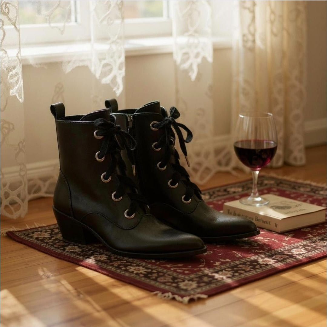 Witchy Ways Ankle Boots – Vegan Leather Lace-Up Pointed Toe Heels 7