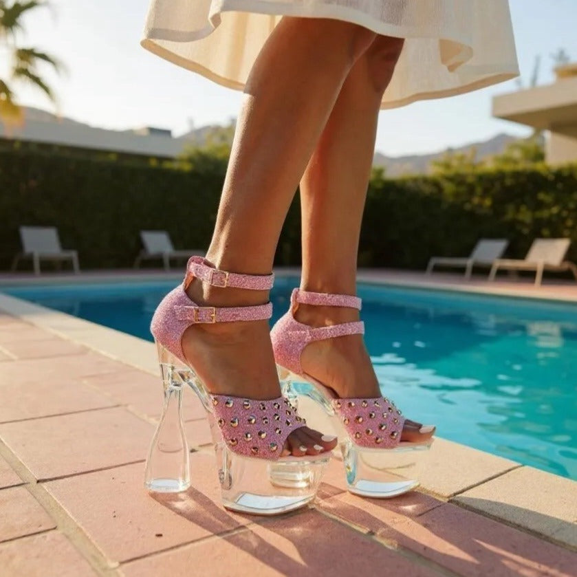 Pink Glitter Platform Heels Detux-02 Studded Clear High Heel Sandal