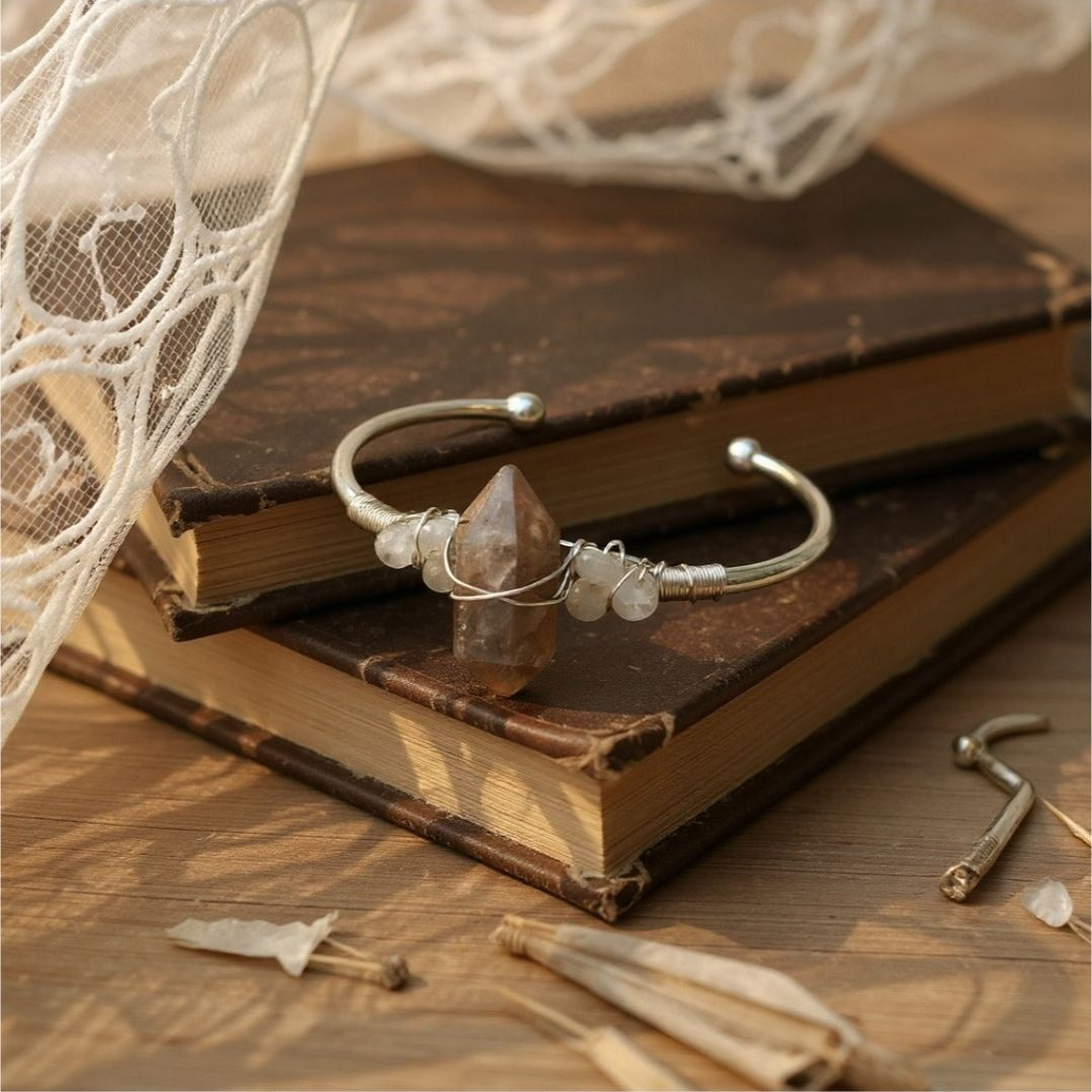Sunstone & Moonstone Wire Wrap Cuff – 925 Over Copper – Joy & Intuition Talisman
