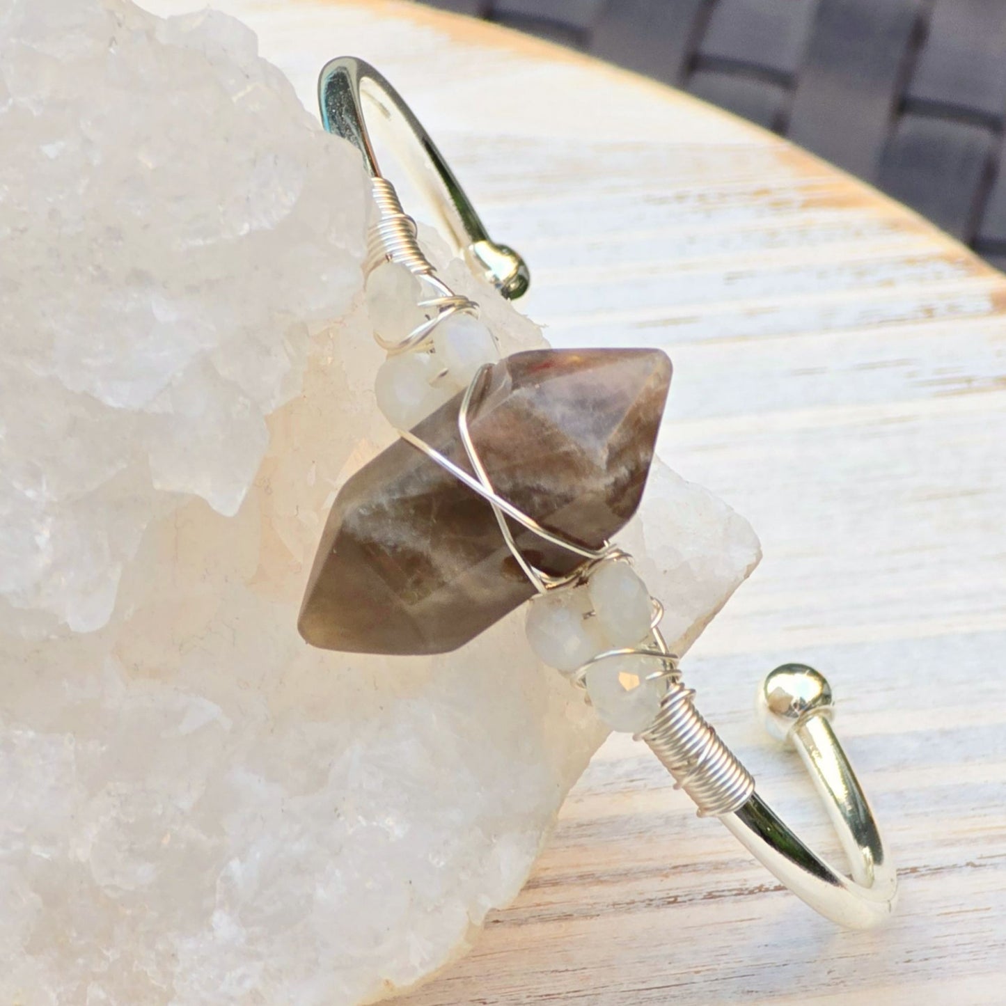 Sunstone & Moonstone Wire Wrap Cuff – 925 Over Copper – Joy & Intuition Talisman