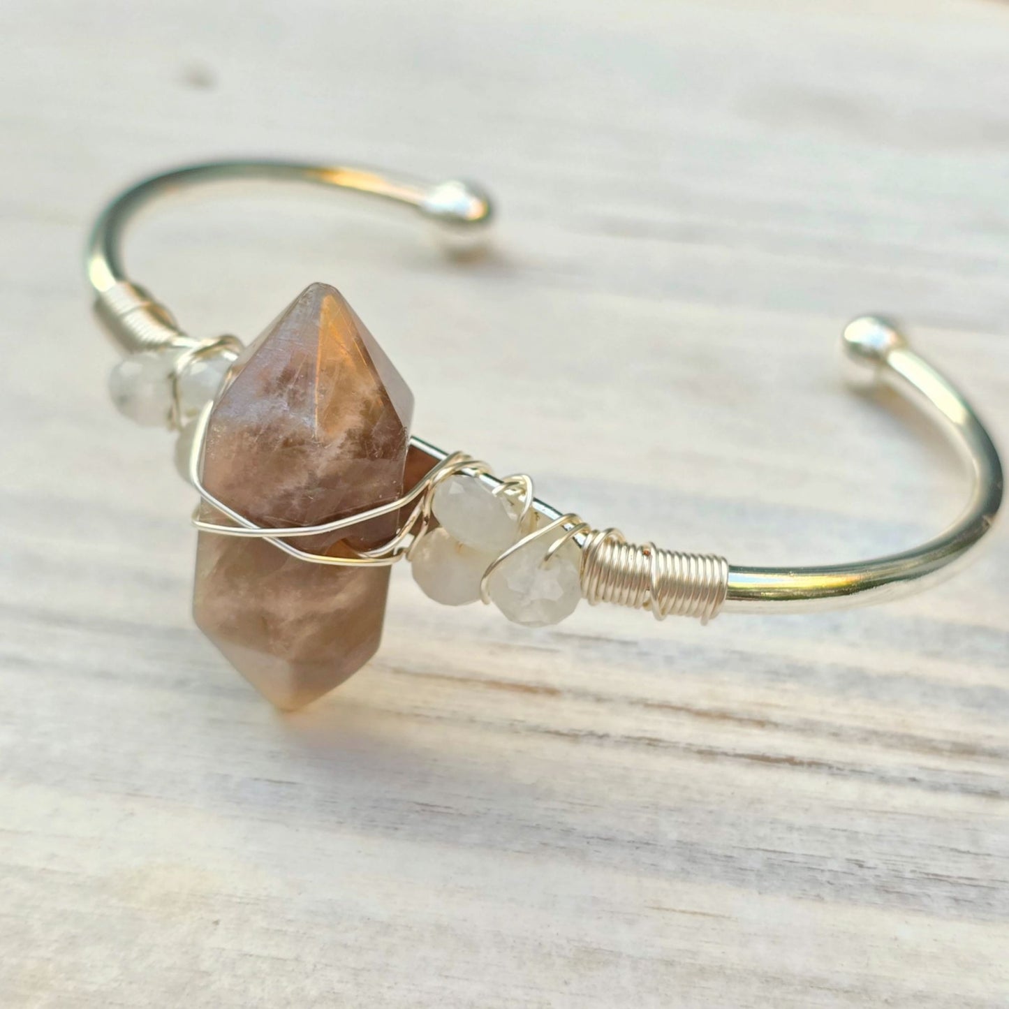 Sunstone & Moonstone Wire Wrap Cuff – 925 Over Copper – Joy & Intuition Talisman