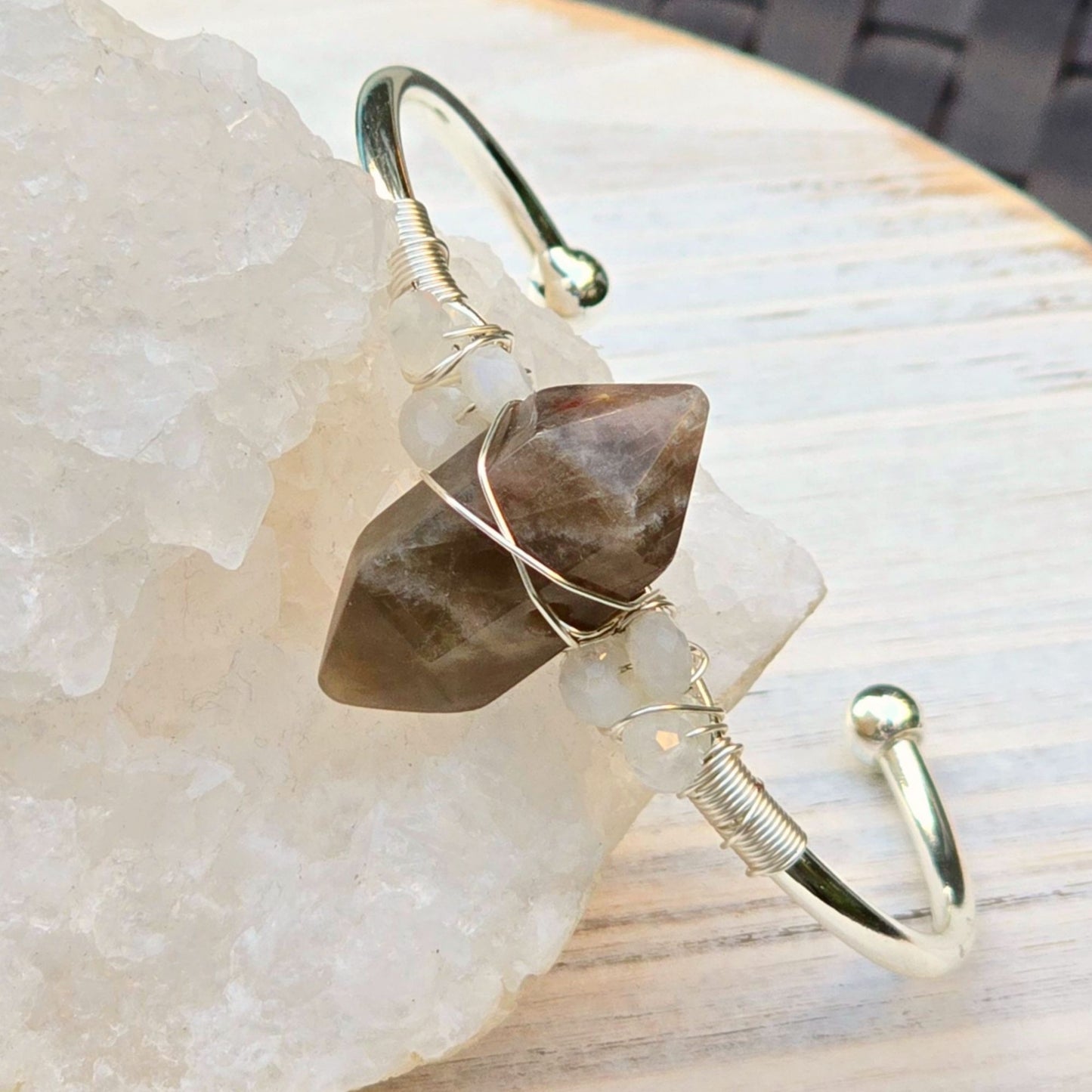 Sunstone & Moonstone Wire Wrap Cuff – 925 Over Copper – Joy & Intuition Talisman