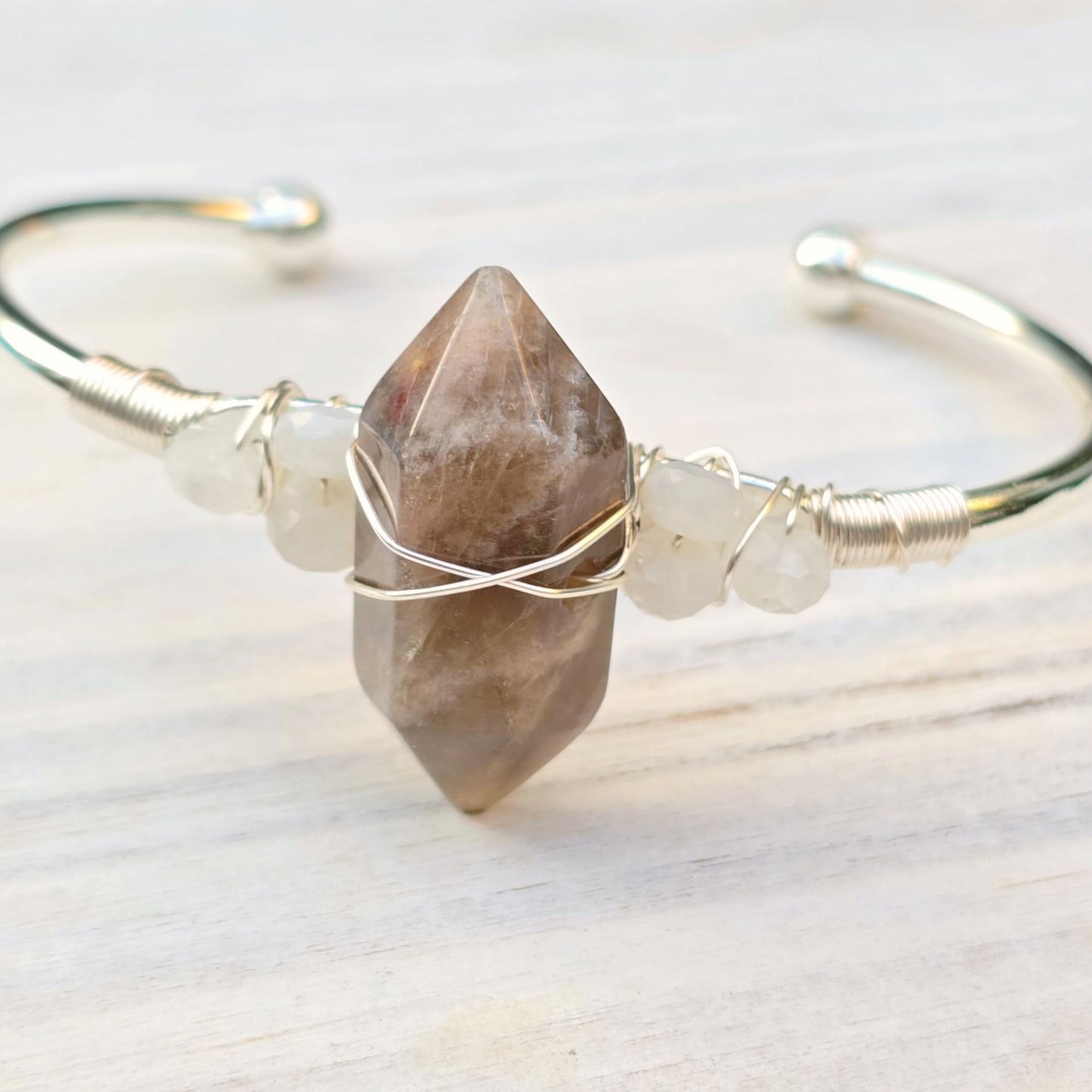 Sunstone & Moonstone Wire Wrap Cuff – 925 Over Copper – Joy & Intuition Talisman