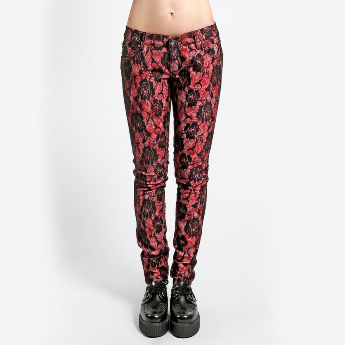 Red Lace Rose Floral Print Skinny Fit Jeans - Tripp NYC - Jeans