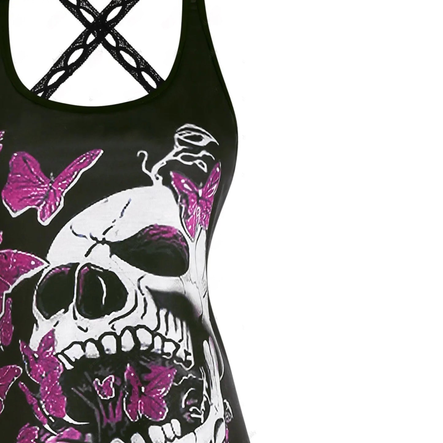 Skull Rose Print Gothic Mini Dress Cross Back Cut-Out Strap A Line - A Gothic Universe - Dresses