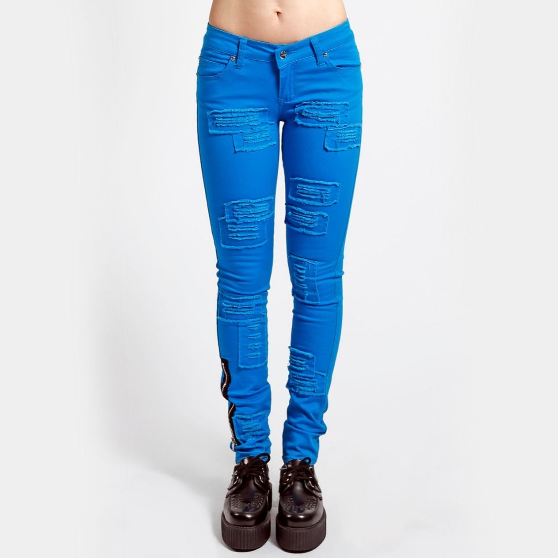 Distressed Patch Blue Skinny Jeans With Ankle Zips - Tripp NYC - Jeans