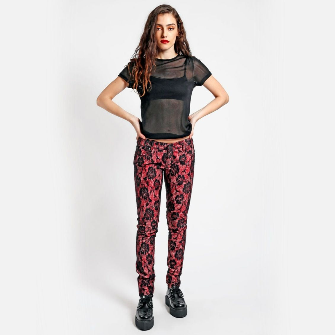 Red Lace Rose Floral Print Skinny Fit Jeans - Tripp NYC - Jeans