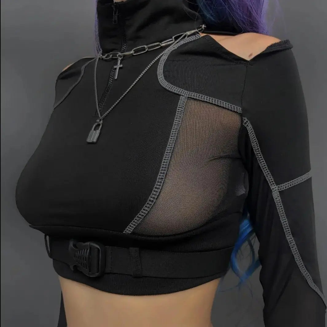 ‘Adira’ See-Through Buckle Crop Top – Gothic Techwear Mesh Top for Cyberpunk & Dark Streetwear Looks -  - Crop Tops