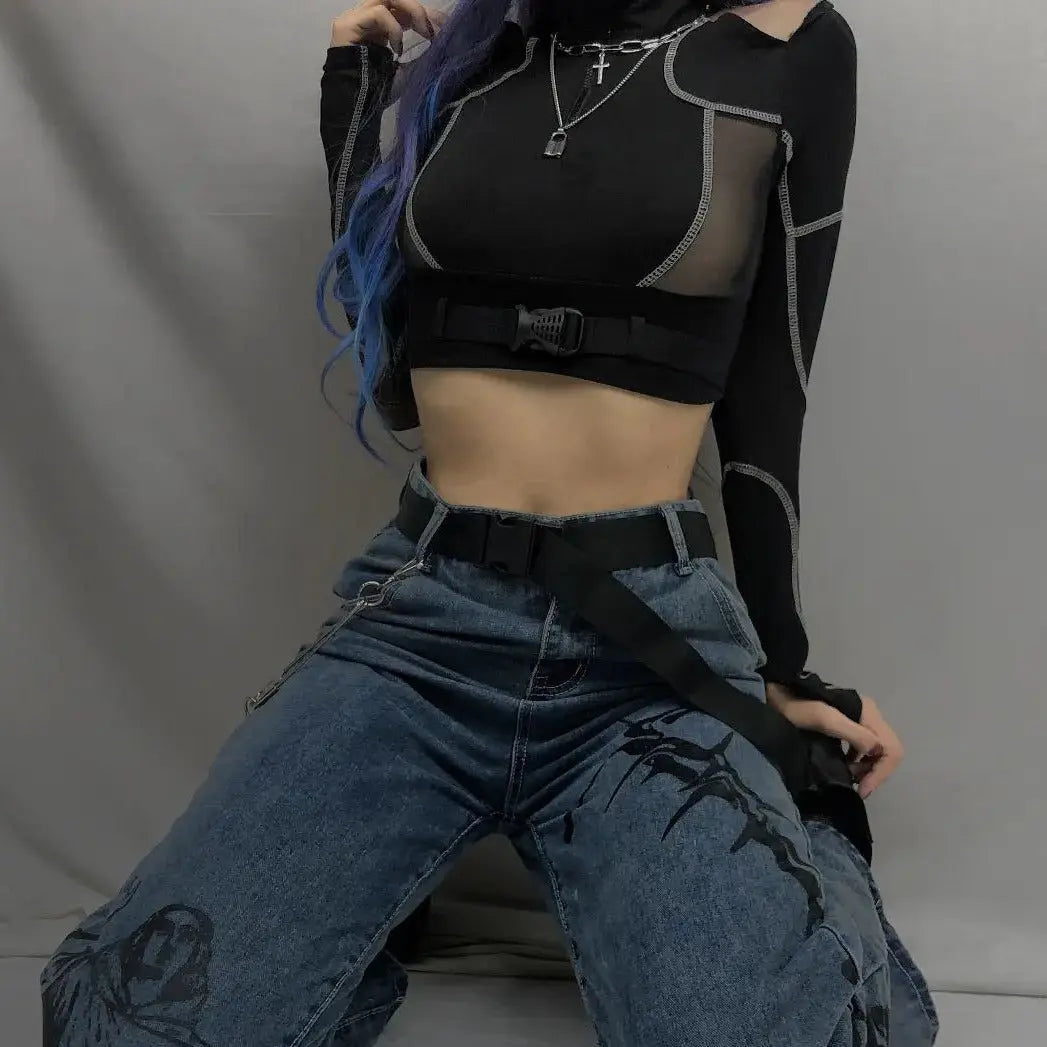 ‘Adira’ See-Through Buckle Crop Top – Gothic Techwear Mesh Top for Cyberpunk & Dark Streetwear Looks -  - Crop Tops