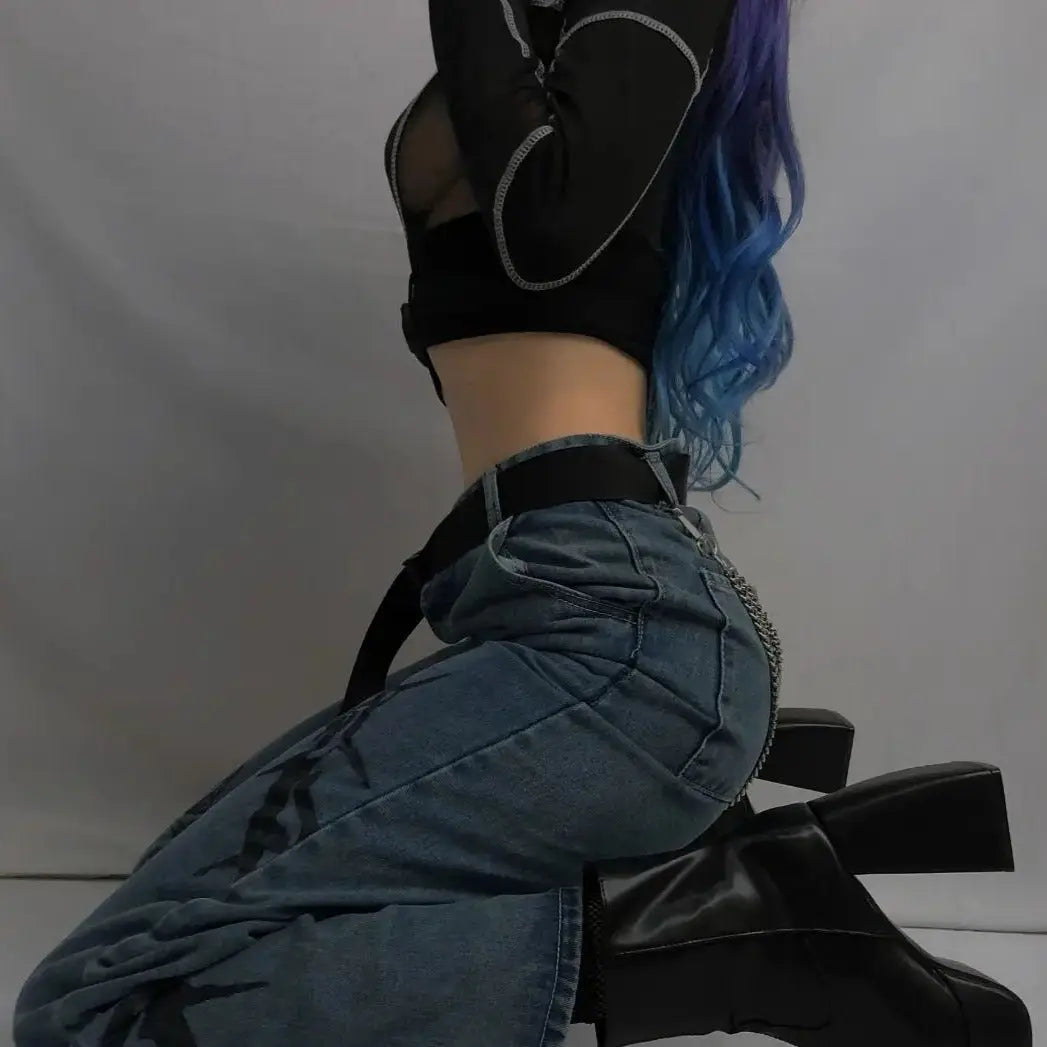‘Adira’ See-Through Buckle Crop Top – Gothic Techwear Mesh Top for Cyberpunk & Dark Streetwear Looks -  - Crop Tops