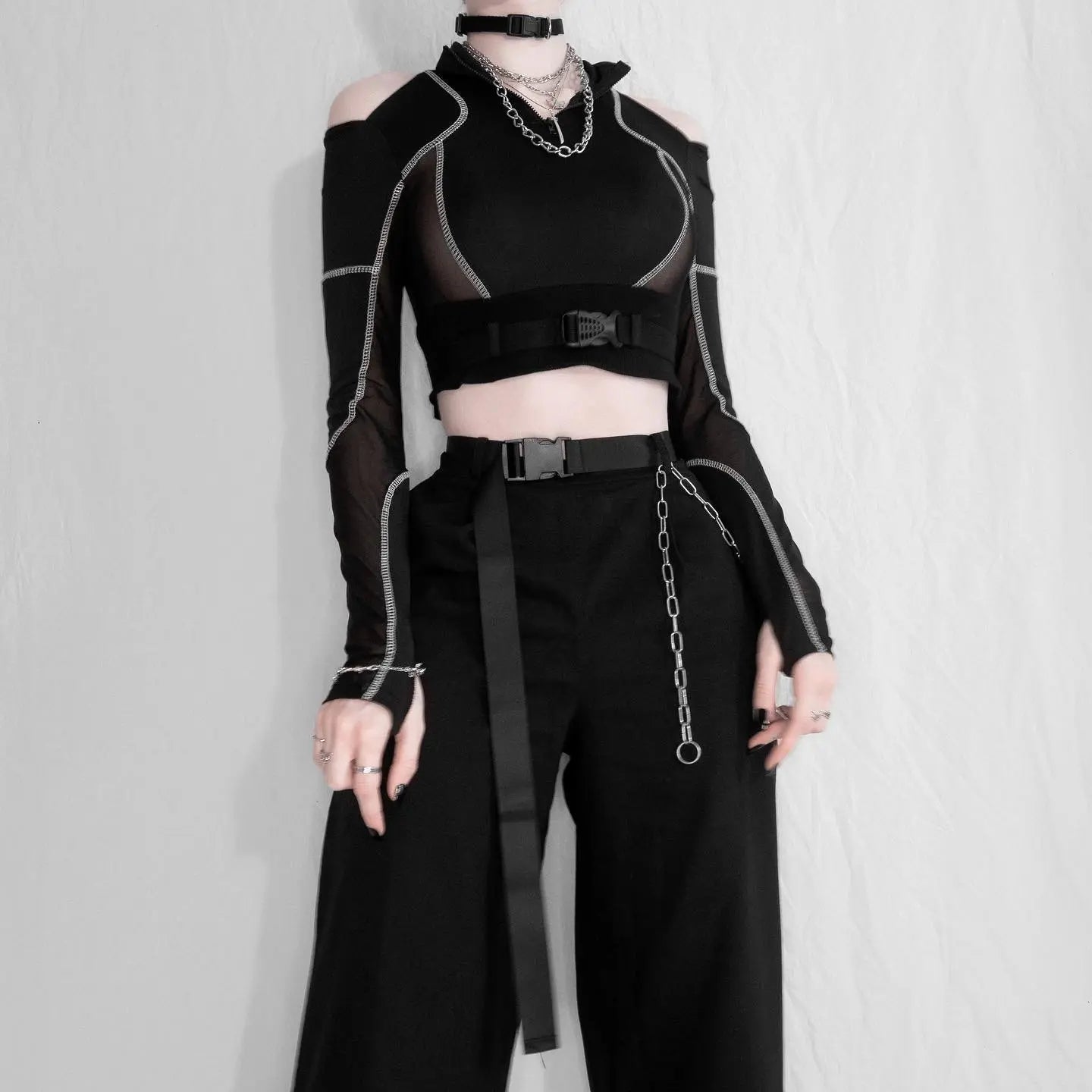‘Adira’ See-Through Buckle Crop Top – Gothic Techwear Mesh Top for Cyberpunk & Dark Streetwear Looks -  - Crop Tops