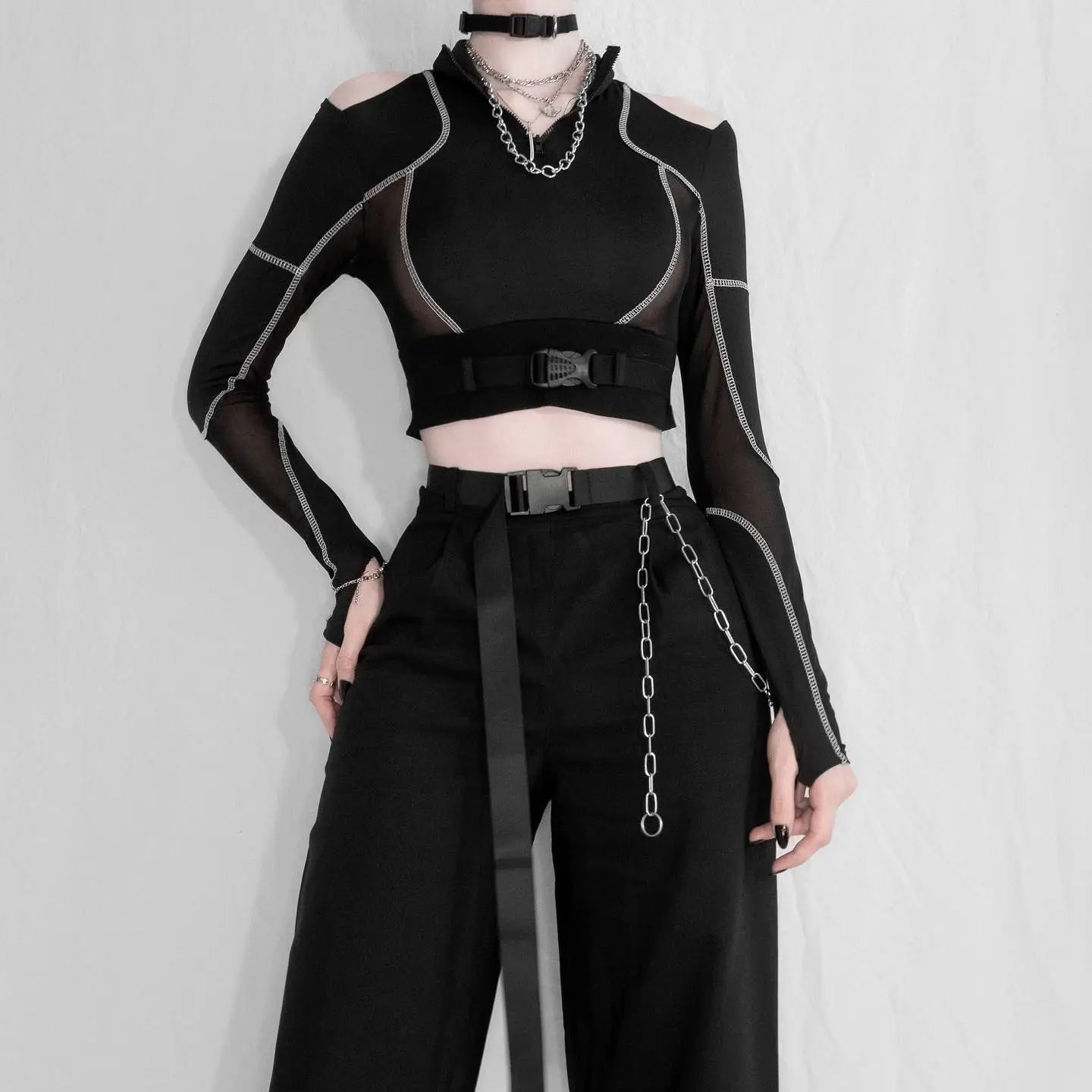 ‘Adira’ See-Through Buckle Crop Top – Gothic Techwear Mesh Top for Cyberpunk & Dark Streetwear Looks -  - Crop Tops