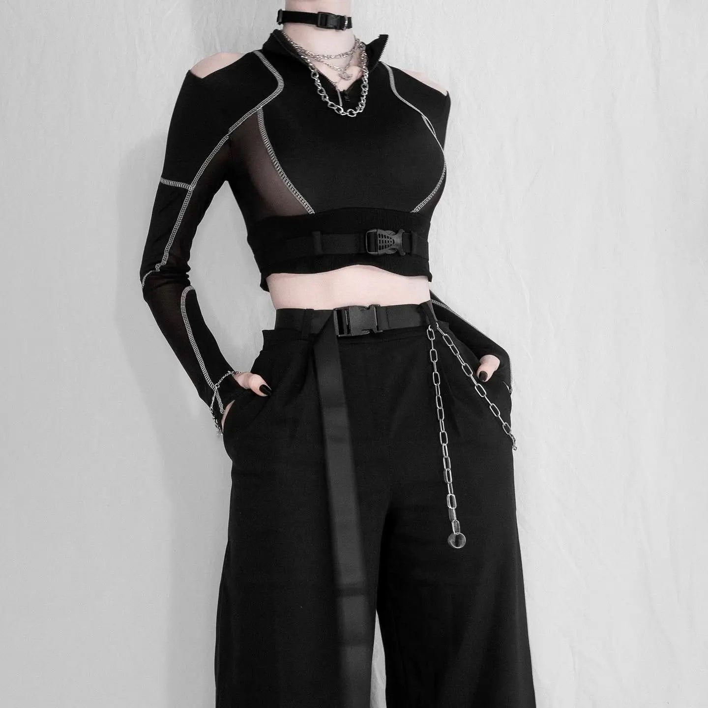 ‘Adira’ See-Through Buckle Crop Top – Gothic Techwear Mesh Top for Cyberpunk & Dark Streetwear Looks -  - Crop Tops